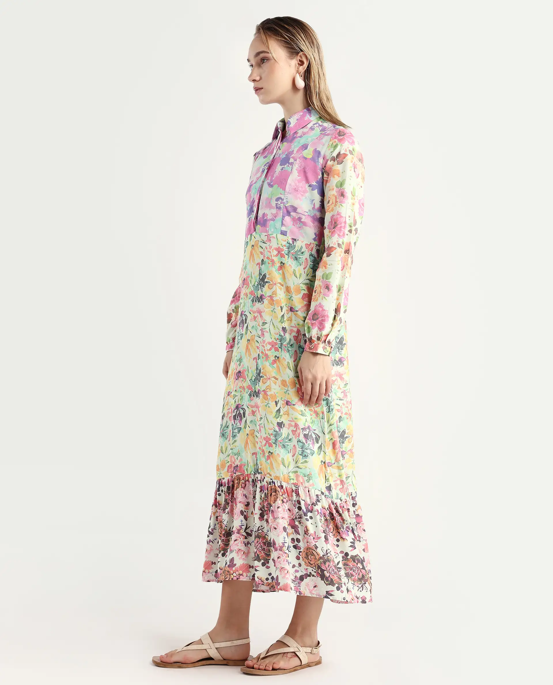 Rareism Women's Caliista Multi Viscose Spread Collar Floral Print Maxi Regular Fit Dress - Image 5