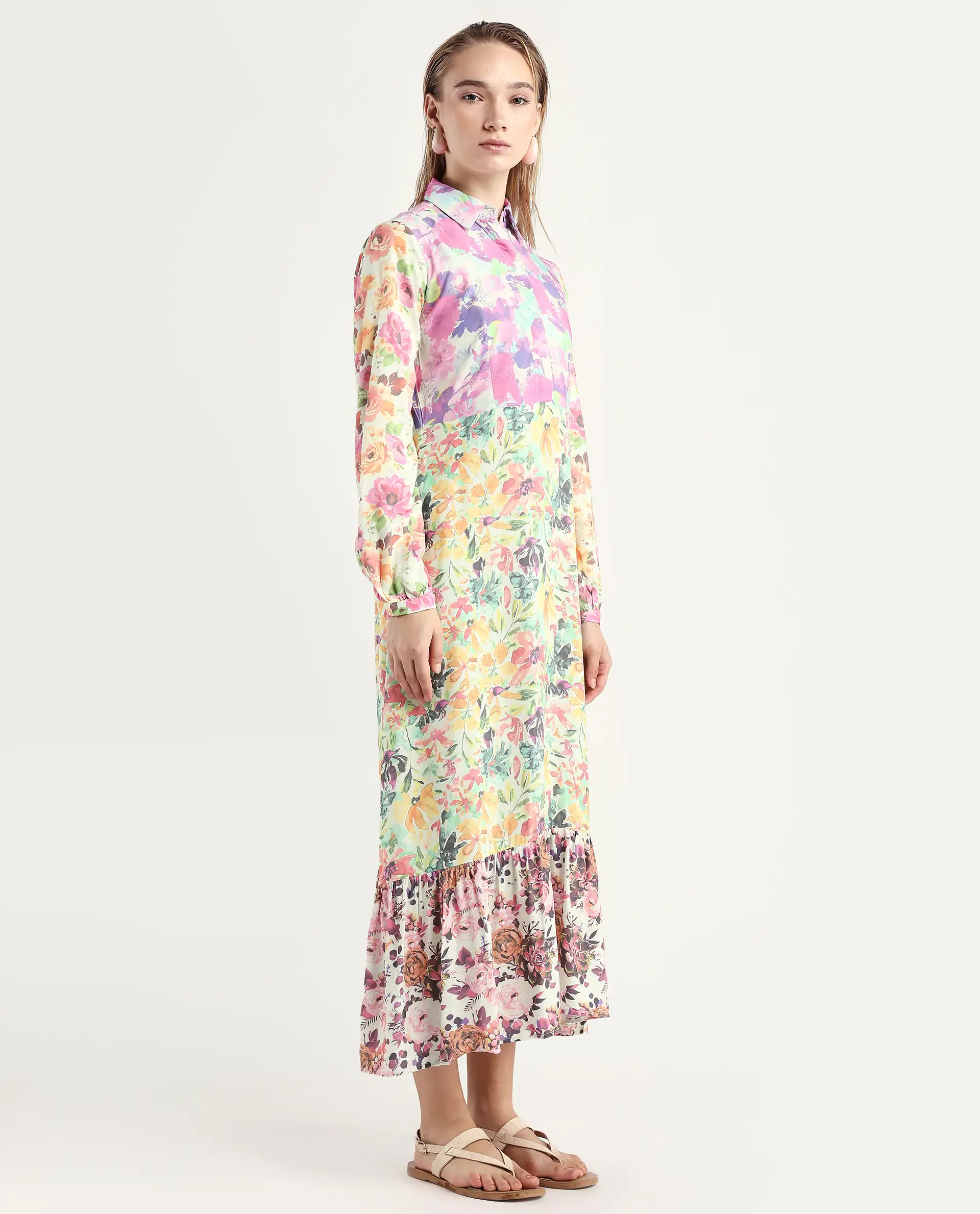Rareism Women's Caliista Multi Viscose Spread Collar Floral Print Maxi Regular Fit Dress - Image 6