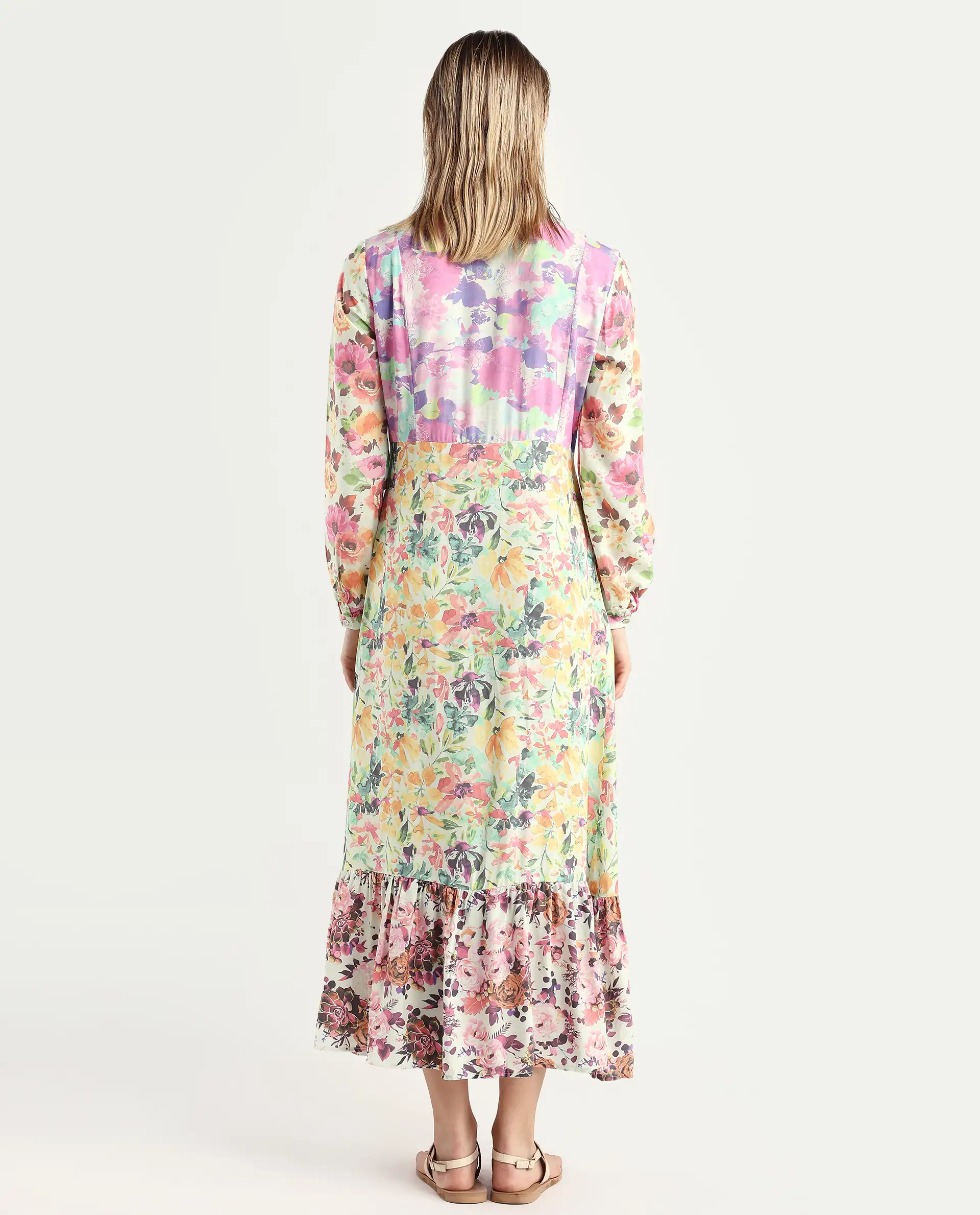 Rareism Women's Caliista Multi Viscose Spread Collar Floral Print Maxi Regular Fit Dress - Image 7