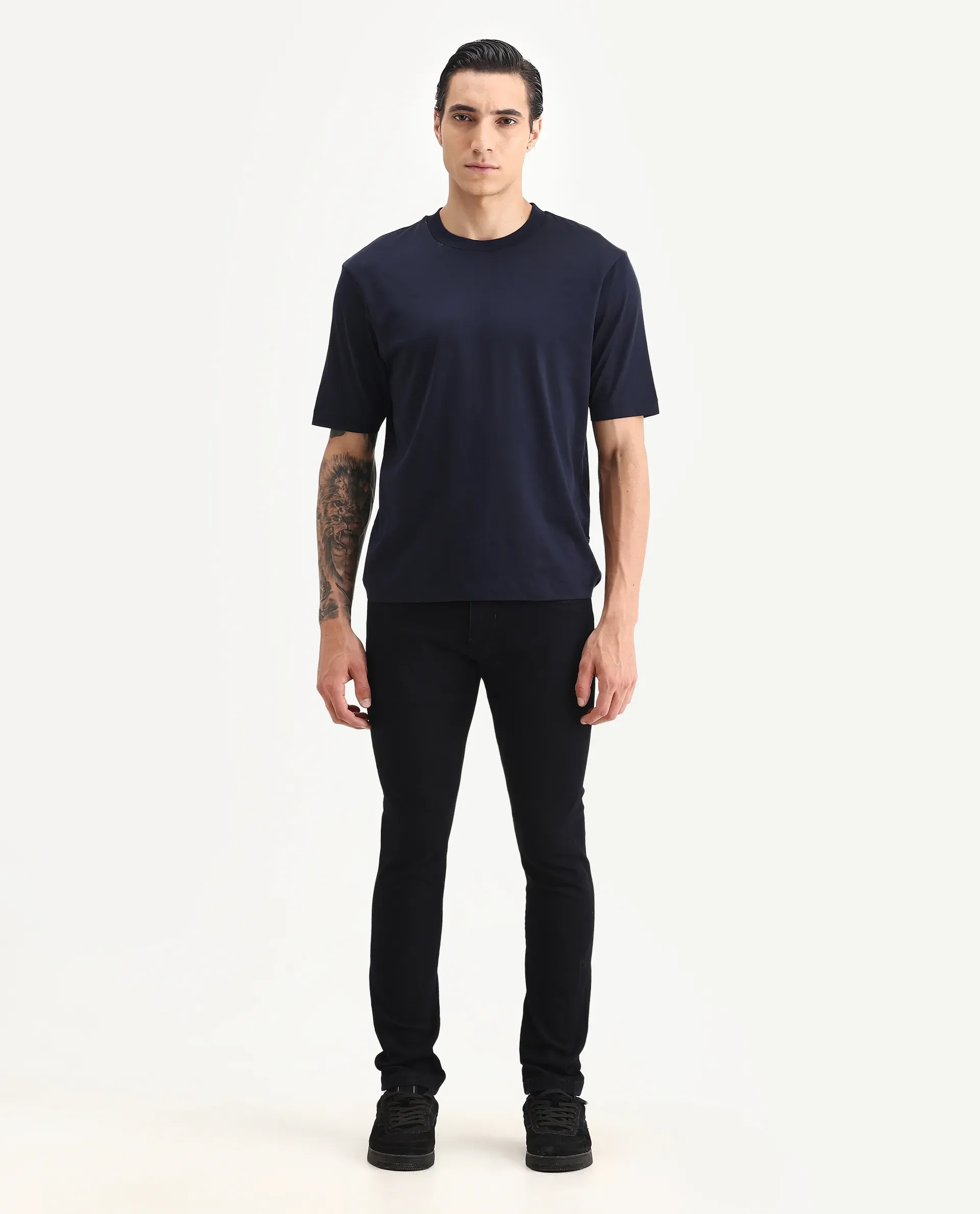 Rare Rabbit Men's Calin Dark Navy Cotton Blend Plain Hawk Slim Fit Jeans - Image 4