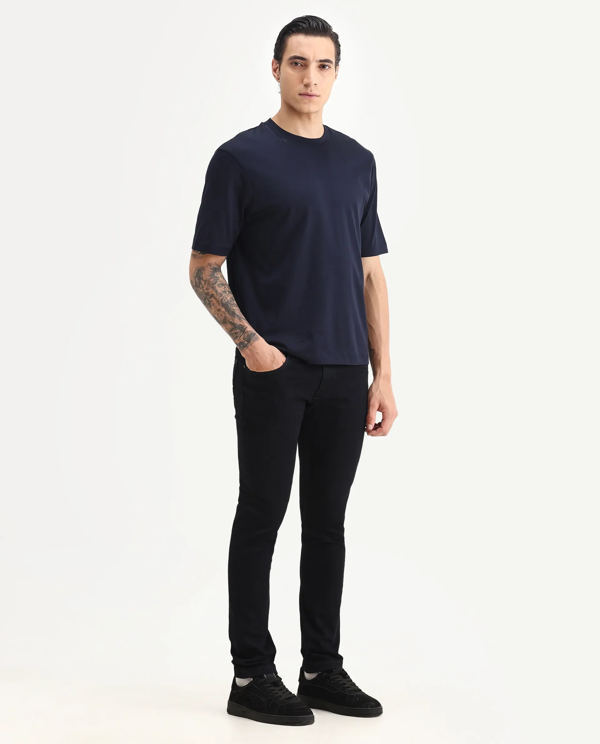 Rare Rabbit Men's Calin Dark Navy Cotton Blend Plain Hawk Slim Fit Jeans - Image 6