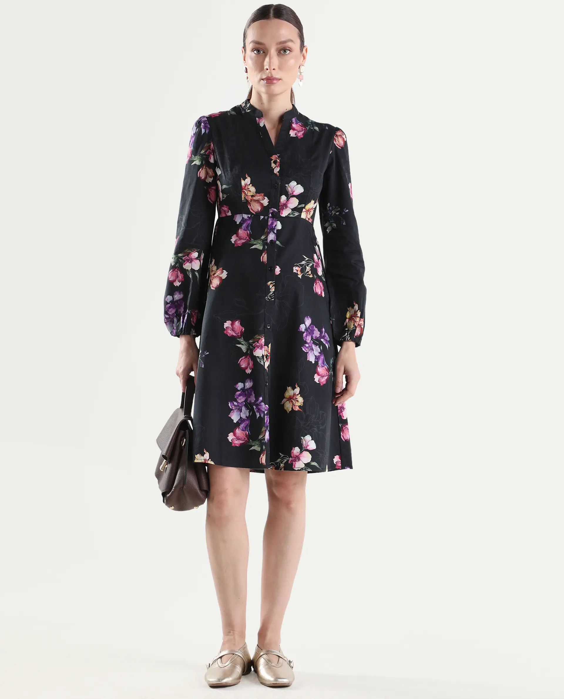 Rareism Women's Calin Black Cotton Full Sleeve A-Line Floral Print Dress - Image 2