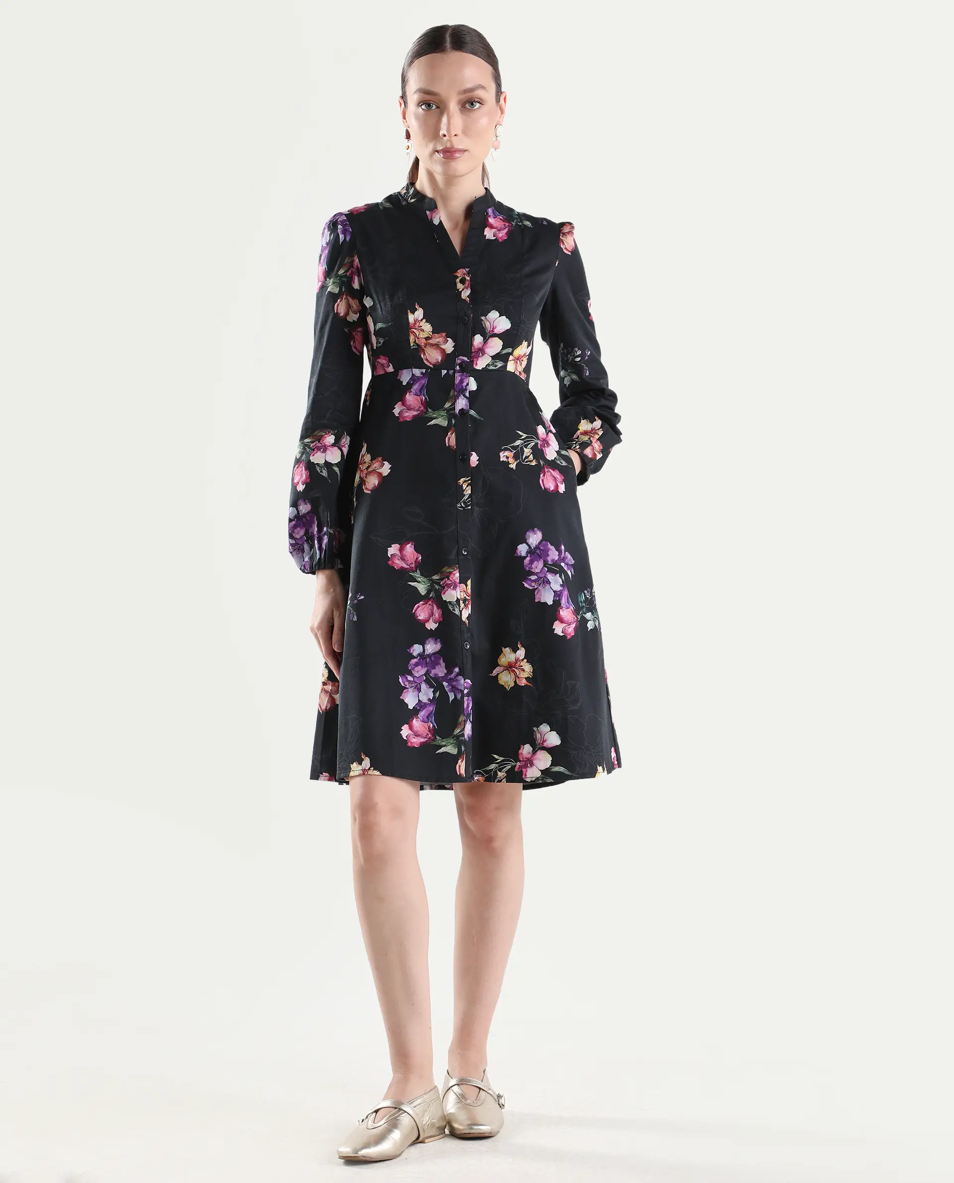 Rareism Women's Calin Black Cotton Full Sleeve A-Line Floral Print Dress - Image 4