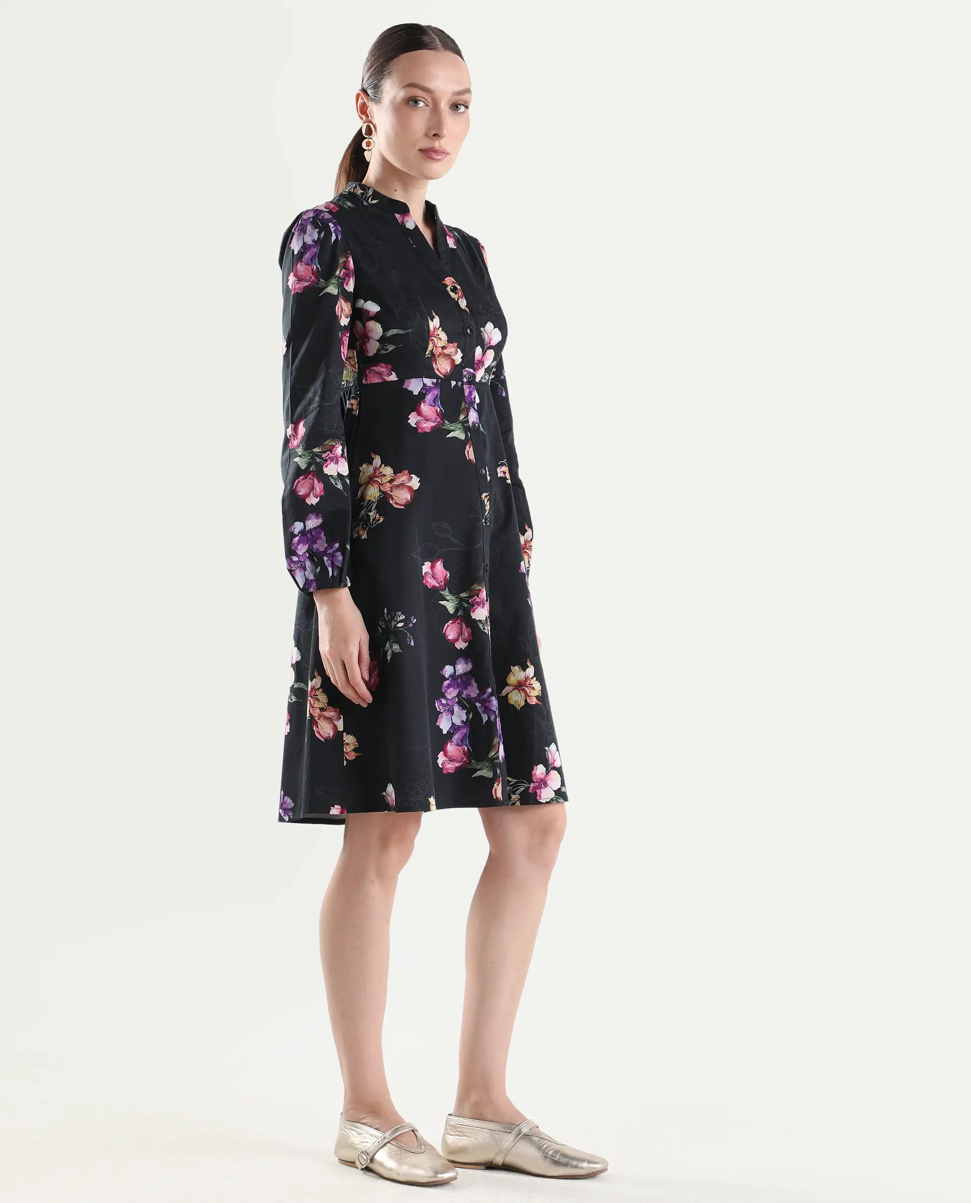 Rareism Women's Calin Black Cotton Full Sleeve A-Line Floral Print Dress - Image 7