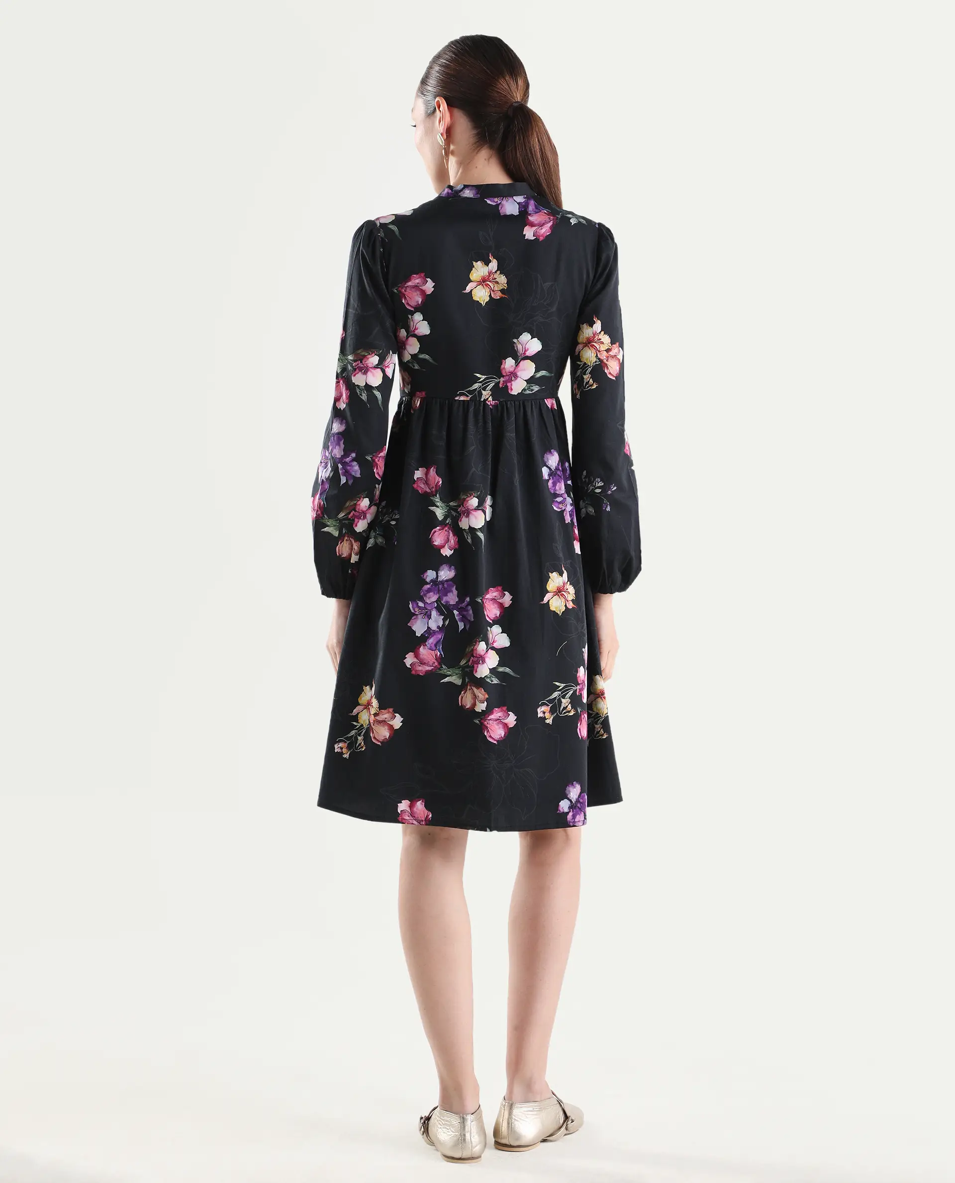 Rareism Women's Calin Black Cotton Full Sleeve A-Line Floral Print Dress - Image 8