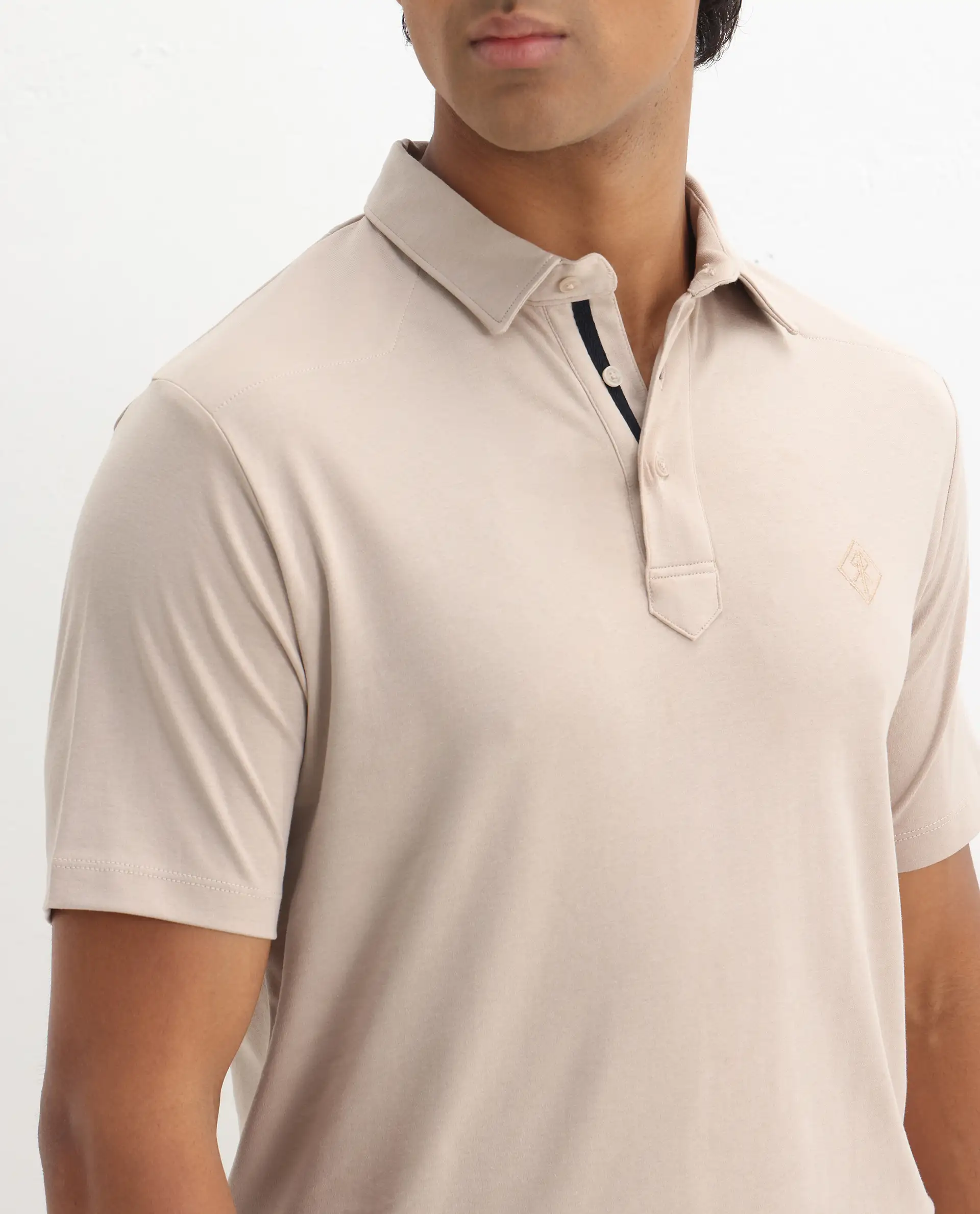 Rare Rabbit Men's Calix Beige Embroidered Regular Fit Half Sleeve Polo - Image 3
