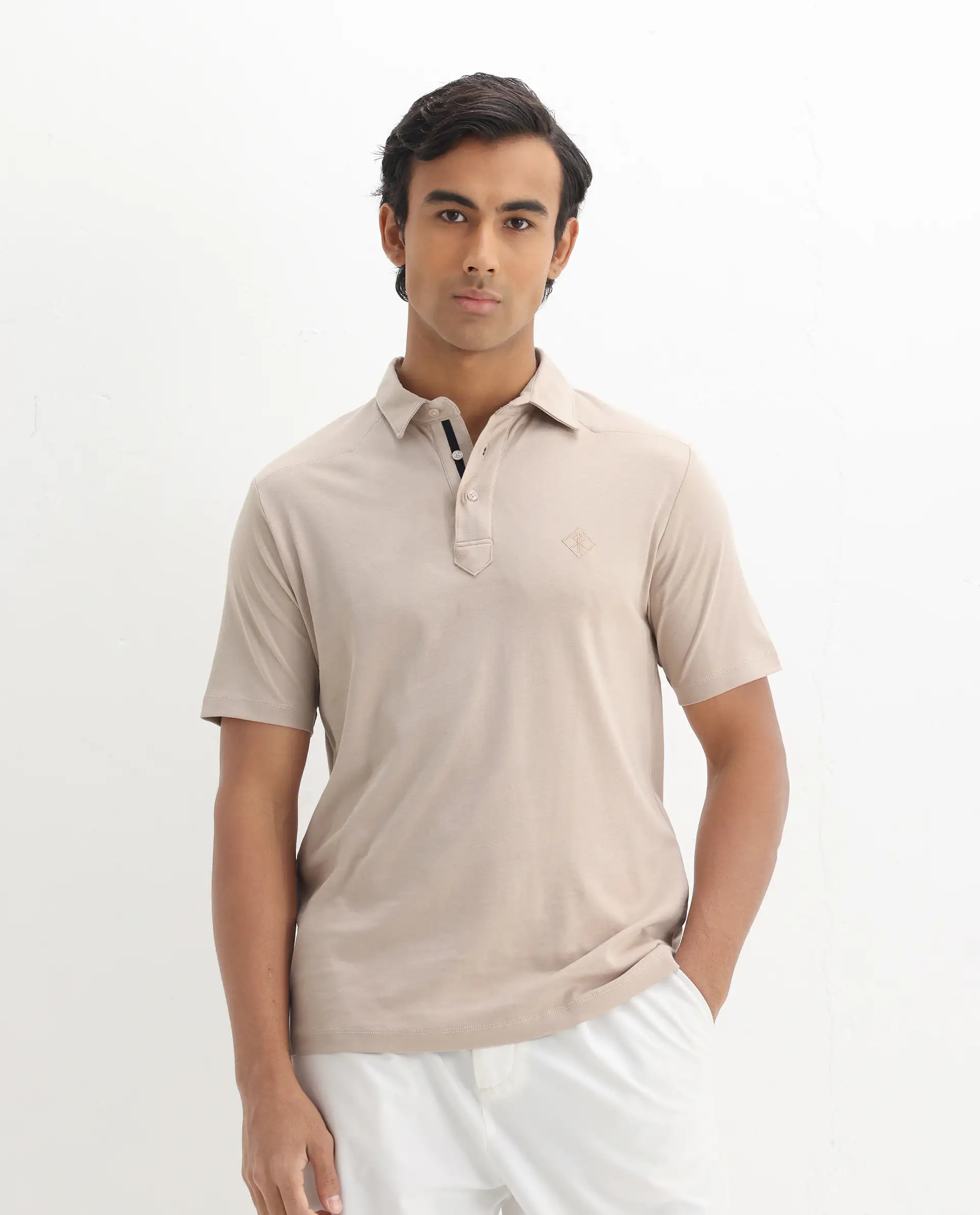 Rare Rabbit Men's Calix Beige Embroidered Regular Fit Half Sleeve Polo - Image 4