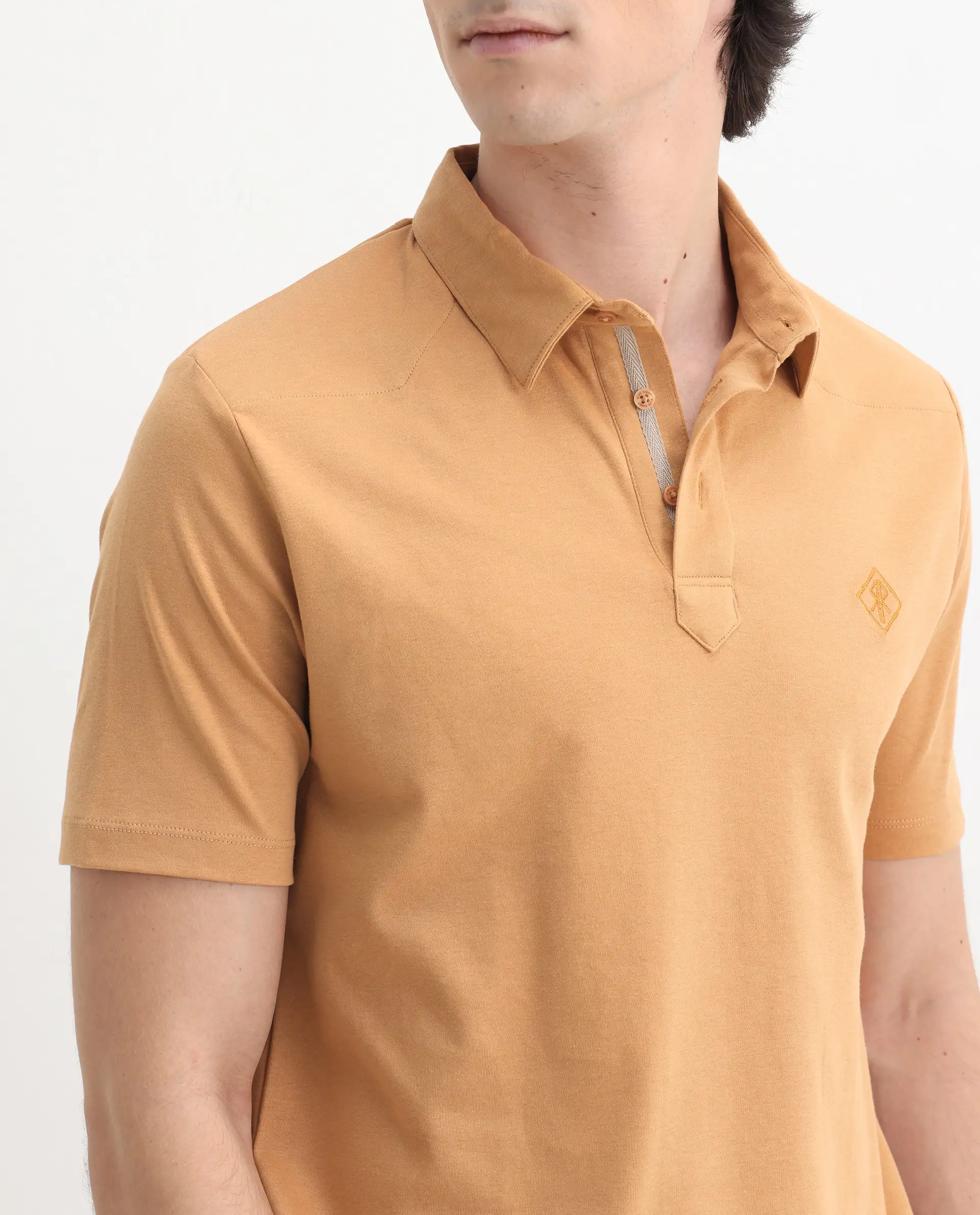 Rare Rabbit Men's Calix Mustard Cotton Embroidered Regular Fit Half Sleeve Polo - Image 3