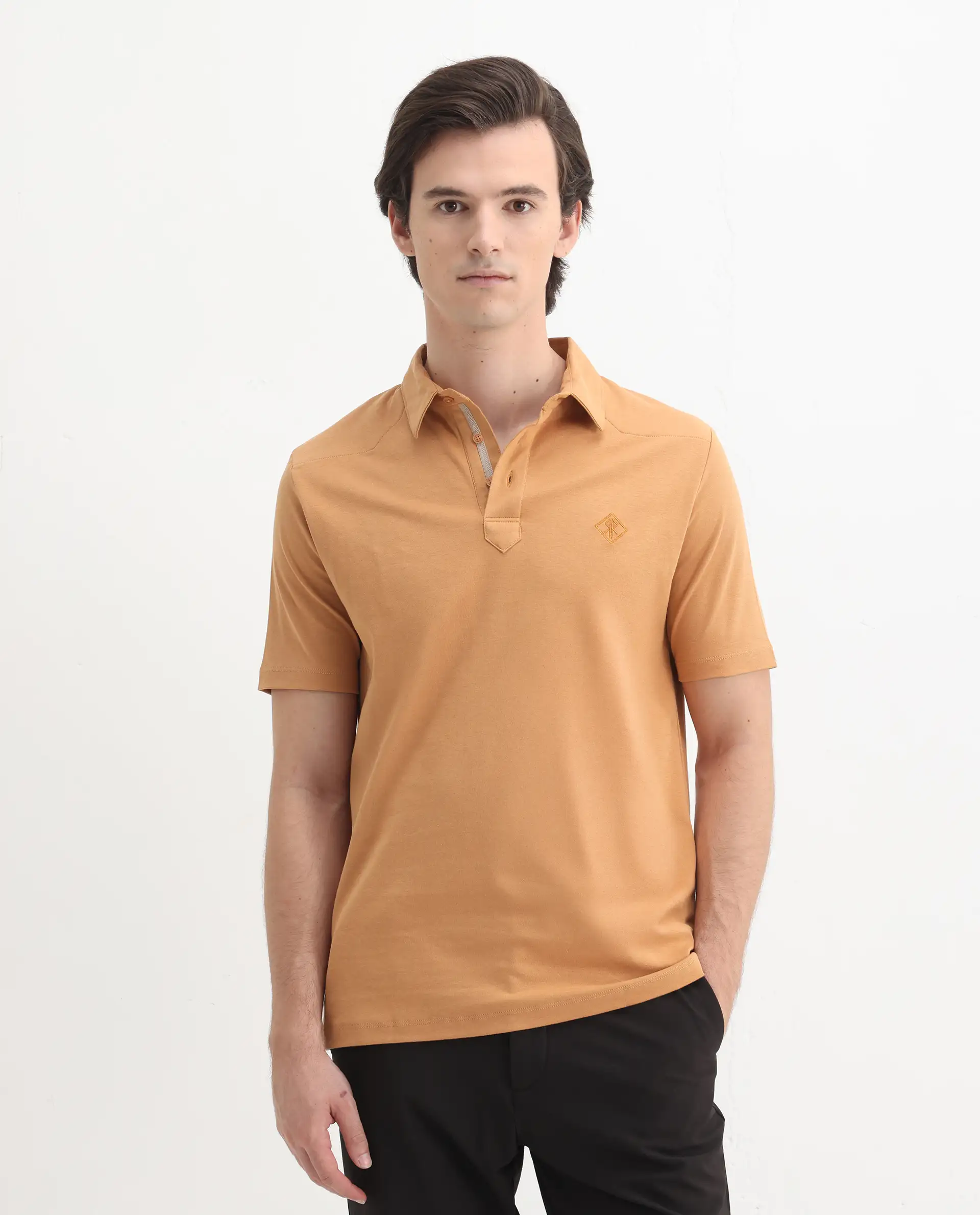 Rare Rabbit Men's Calix Mustard Cotton Embroidered Regular Fit Half Sleeve Polo - Image 4