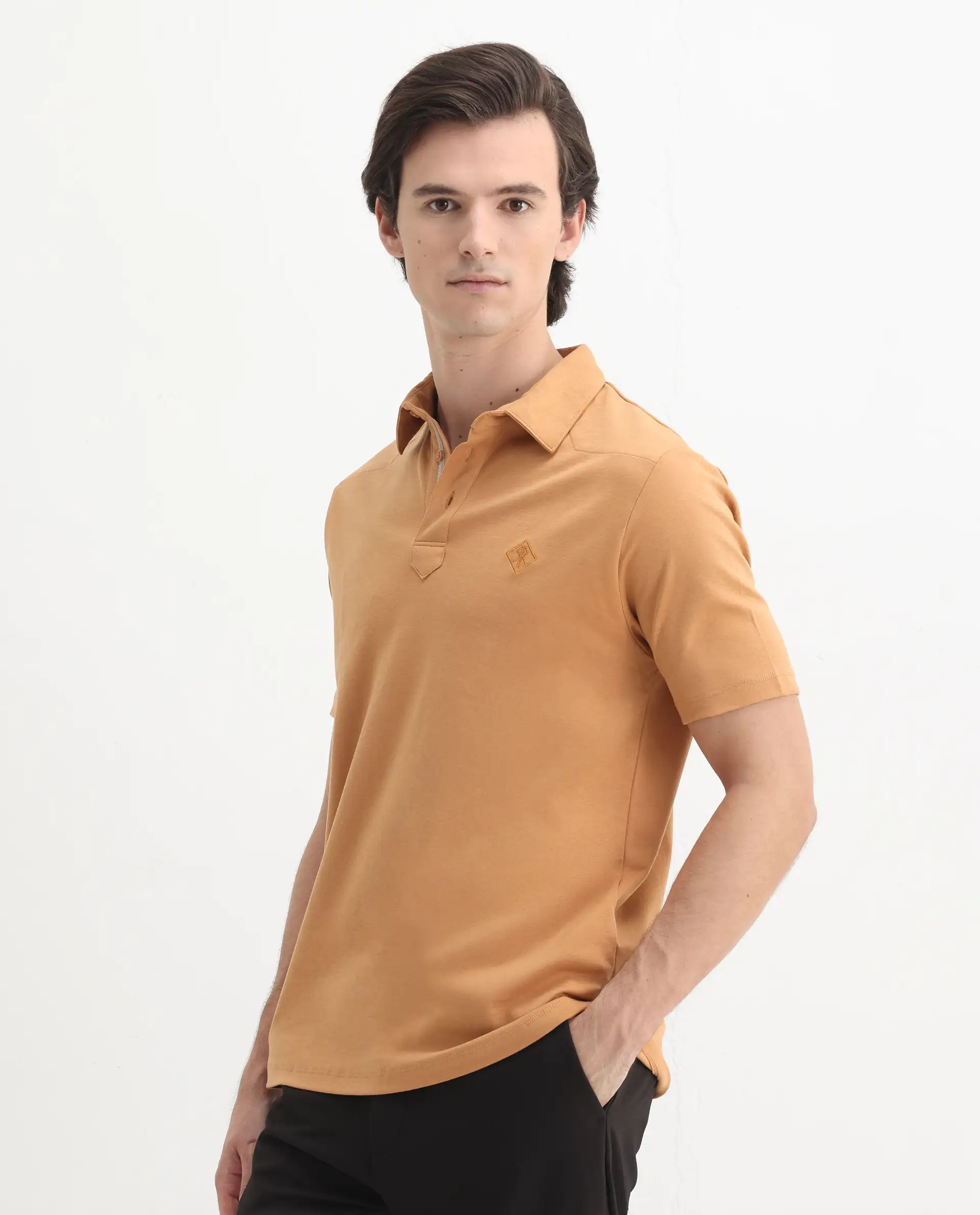 Rare Rabbit Men's Calix Mustard Cotton Embroidered Regular Fit Half Sleeve Polo - Image 5