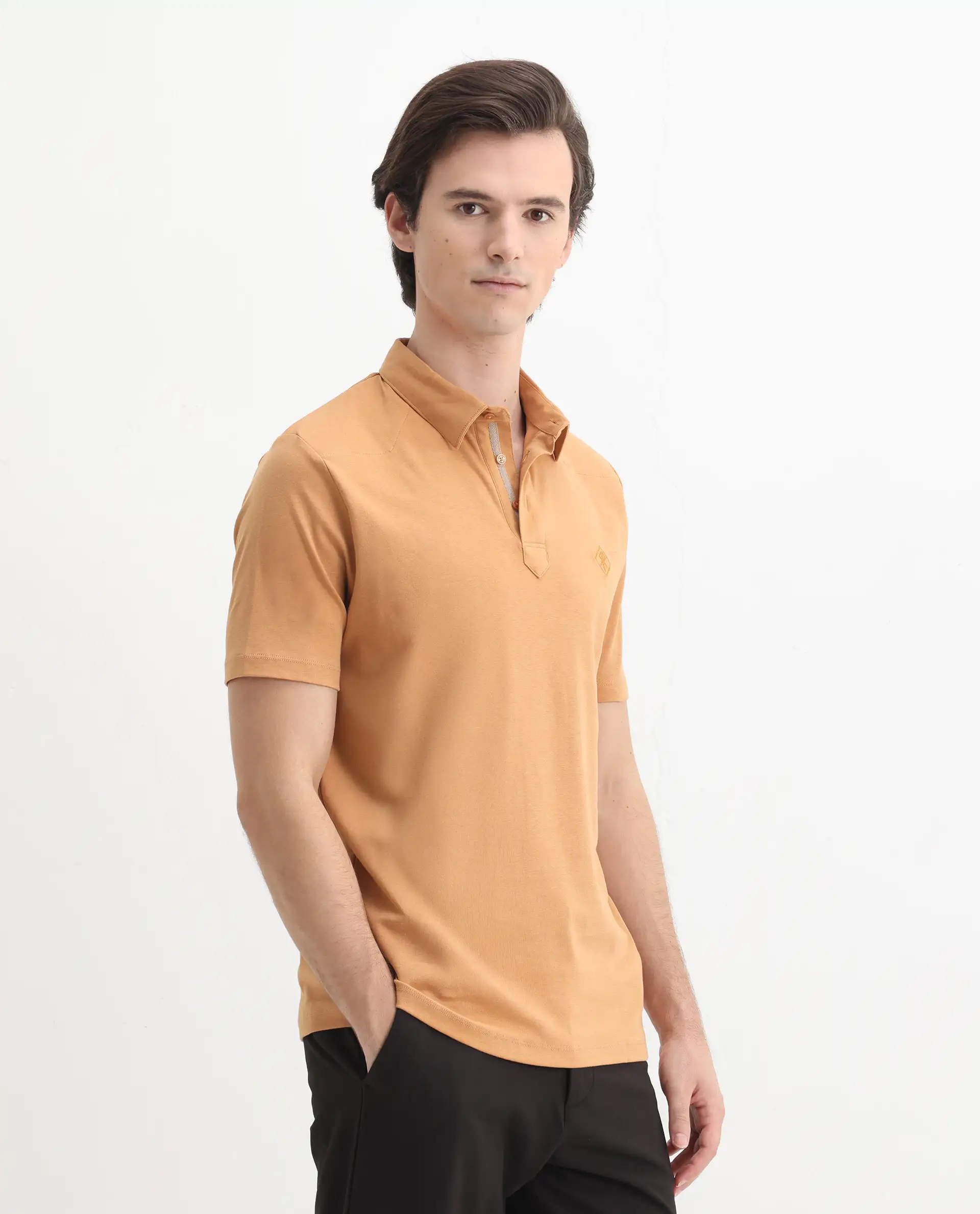 Rare Rabbit Men's Calix Mustard Cotton Embroidered Regular Fit Half Sleeve Polo - Image 6