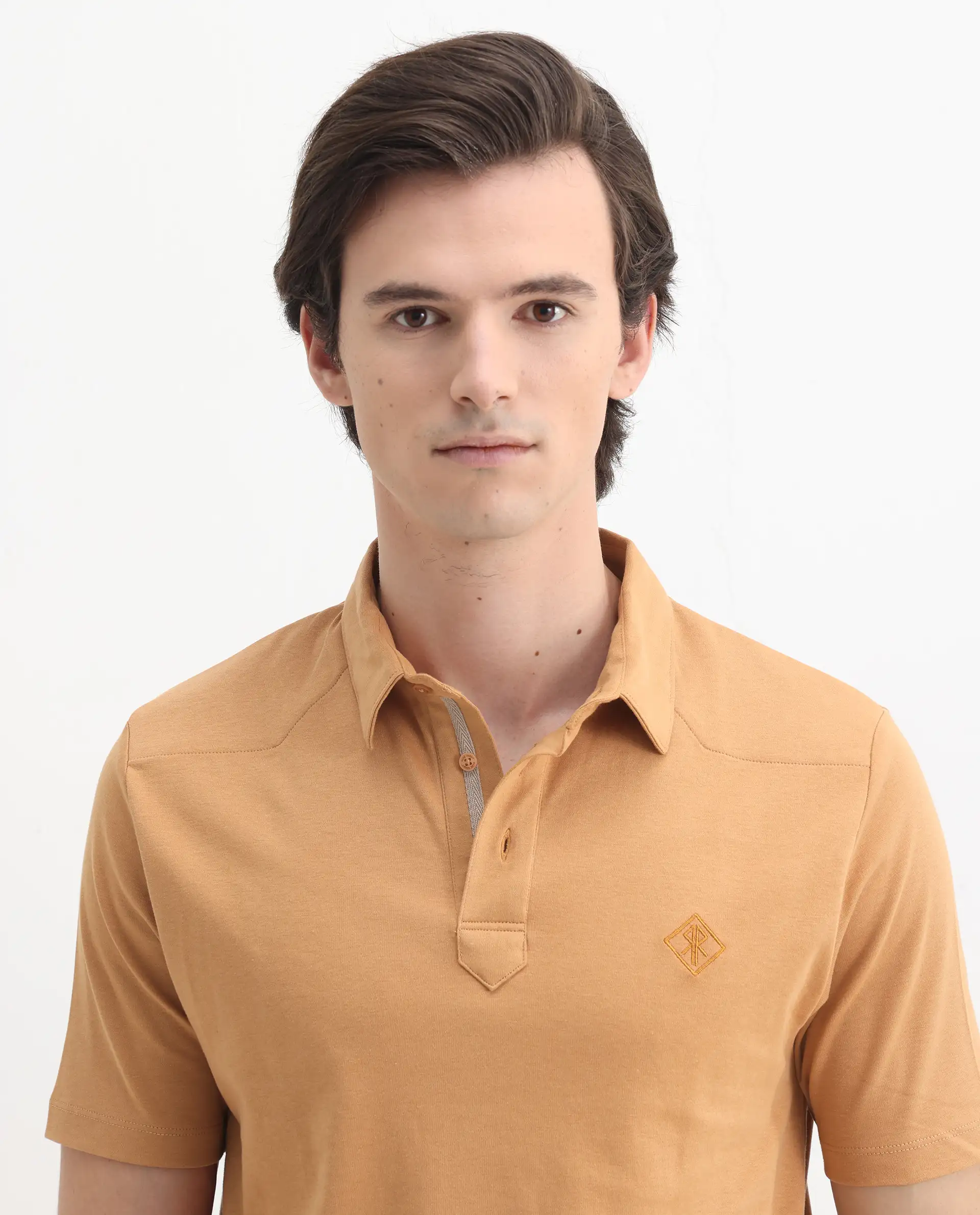 Rare Rabbit Men's Calix Mustard Cotton Embroidered Regular Fit Half Sleeve Polo - Image 7