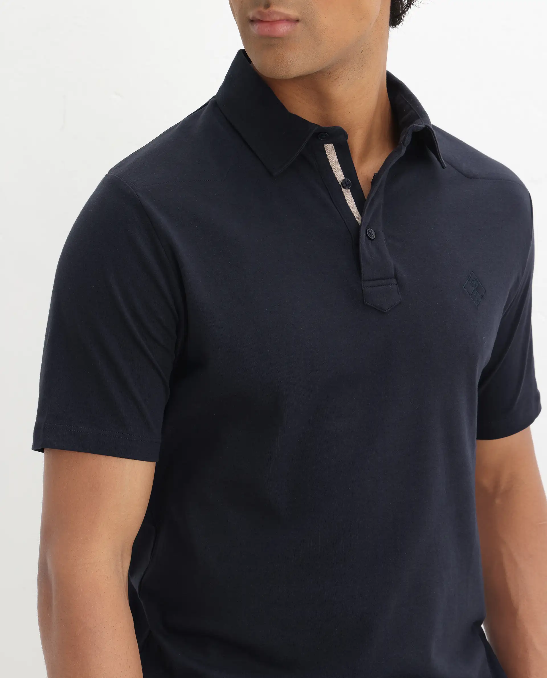 Rare Rabbit Men's Calix Navy Cotton Embroidered Regular Fit Half Sleeve Polo - Image 3