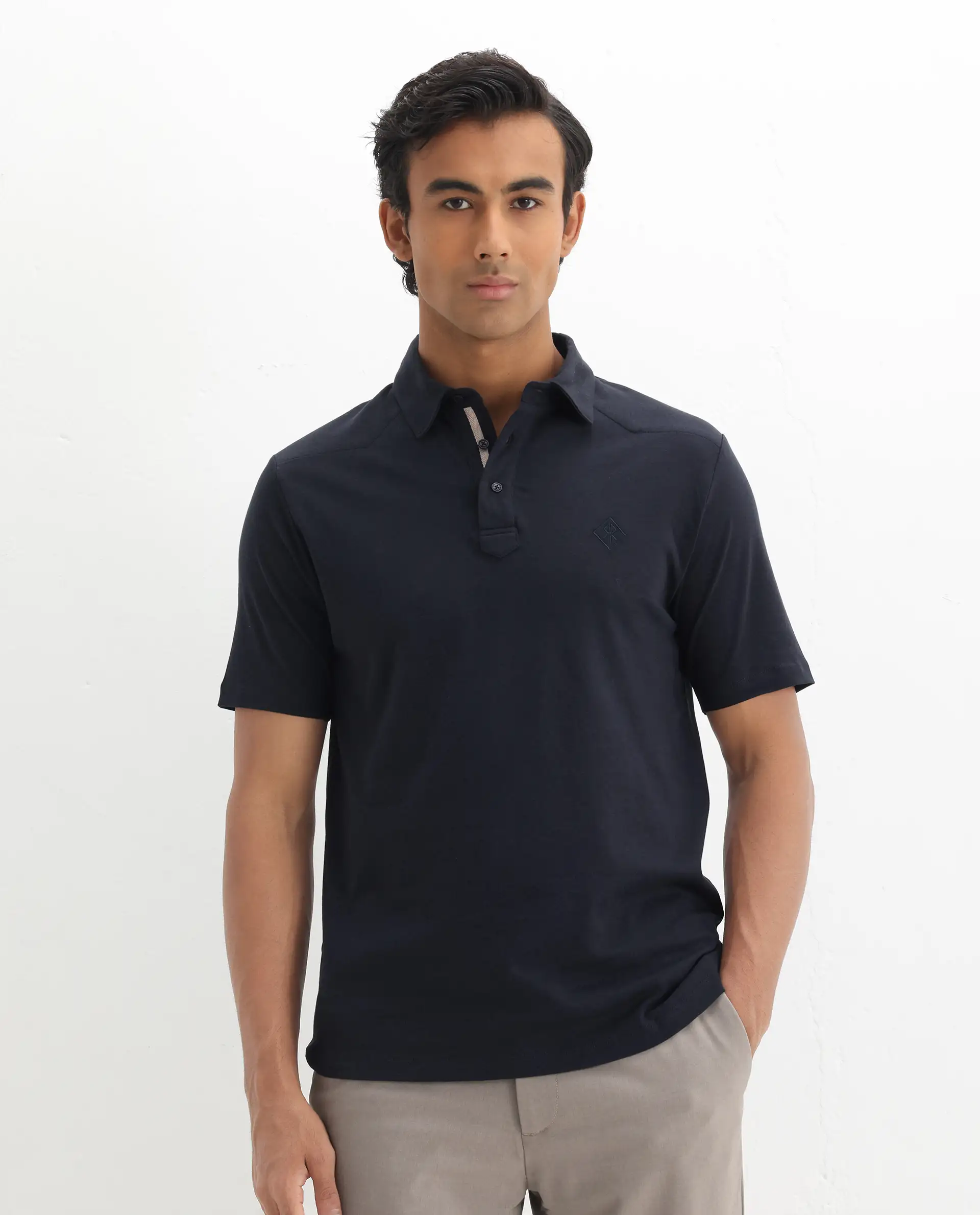 Rare Rabbit Men's Calix Navy Cotton Embroidered Regular Fit Half Sleeve Polo - Image 4