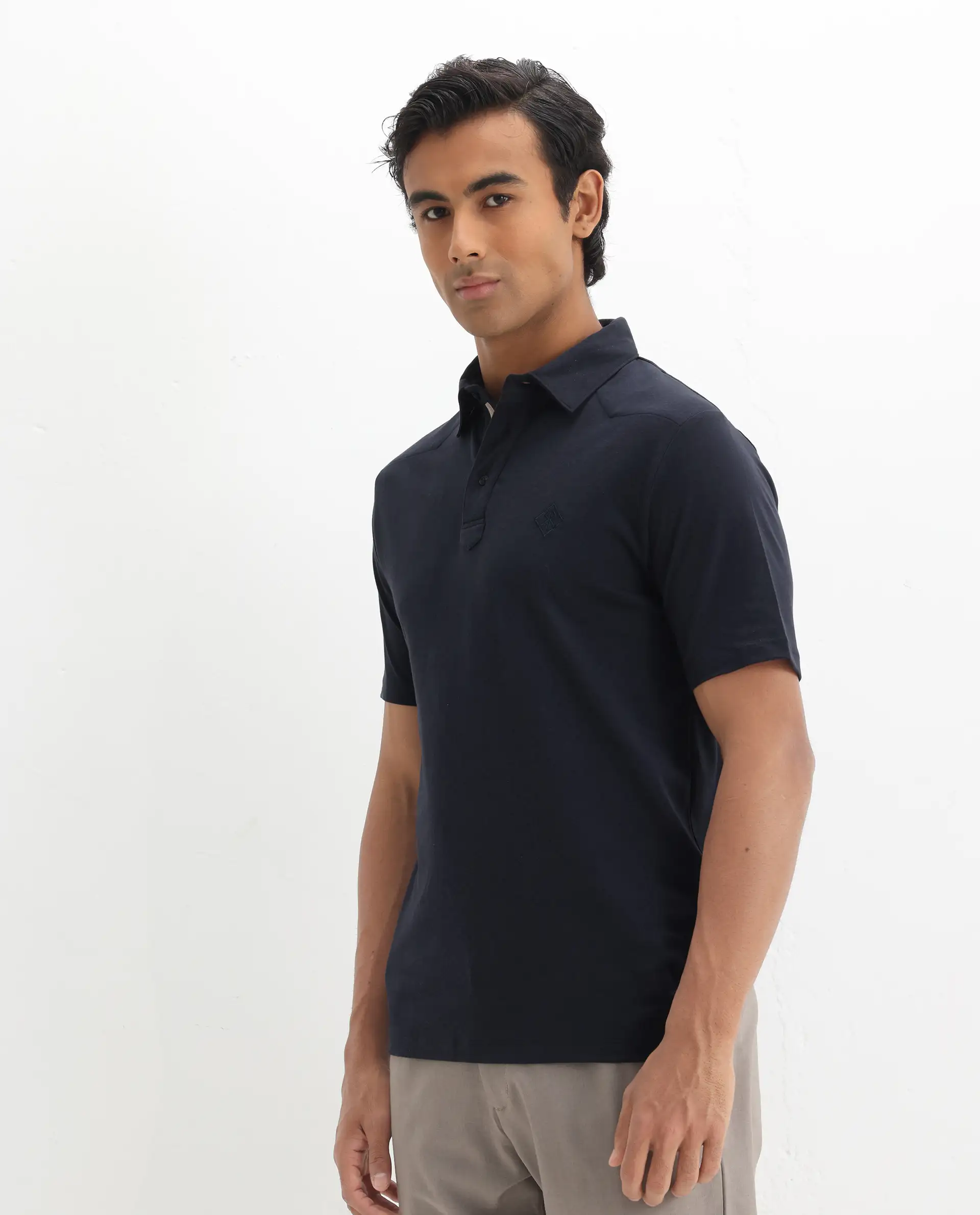 Rare Rabbit Men's Calix Navy Cotton Embroidered Regular Fit Half Sleeve Polo - Image 5