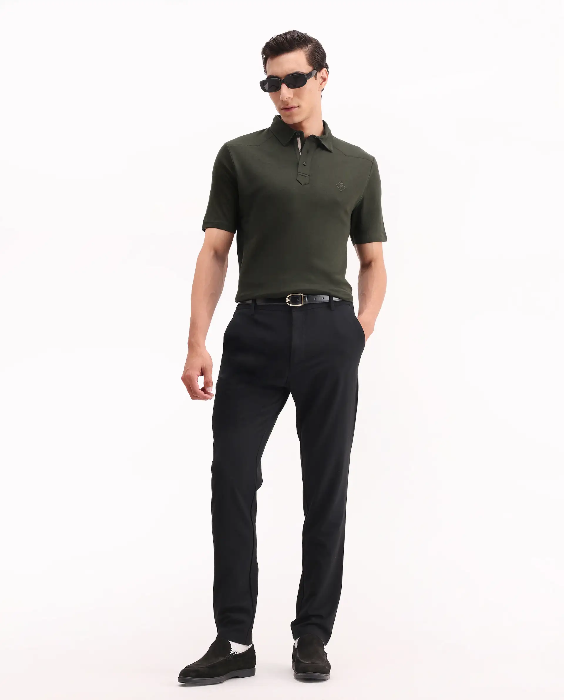 Rare Rabbit Men's Calix Olive Cotton Embroidered Regular Fit Half Sleeve Polo - Image 2