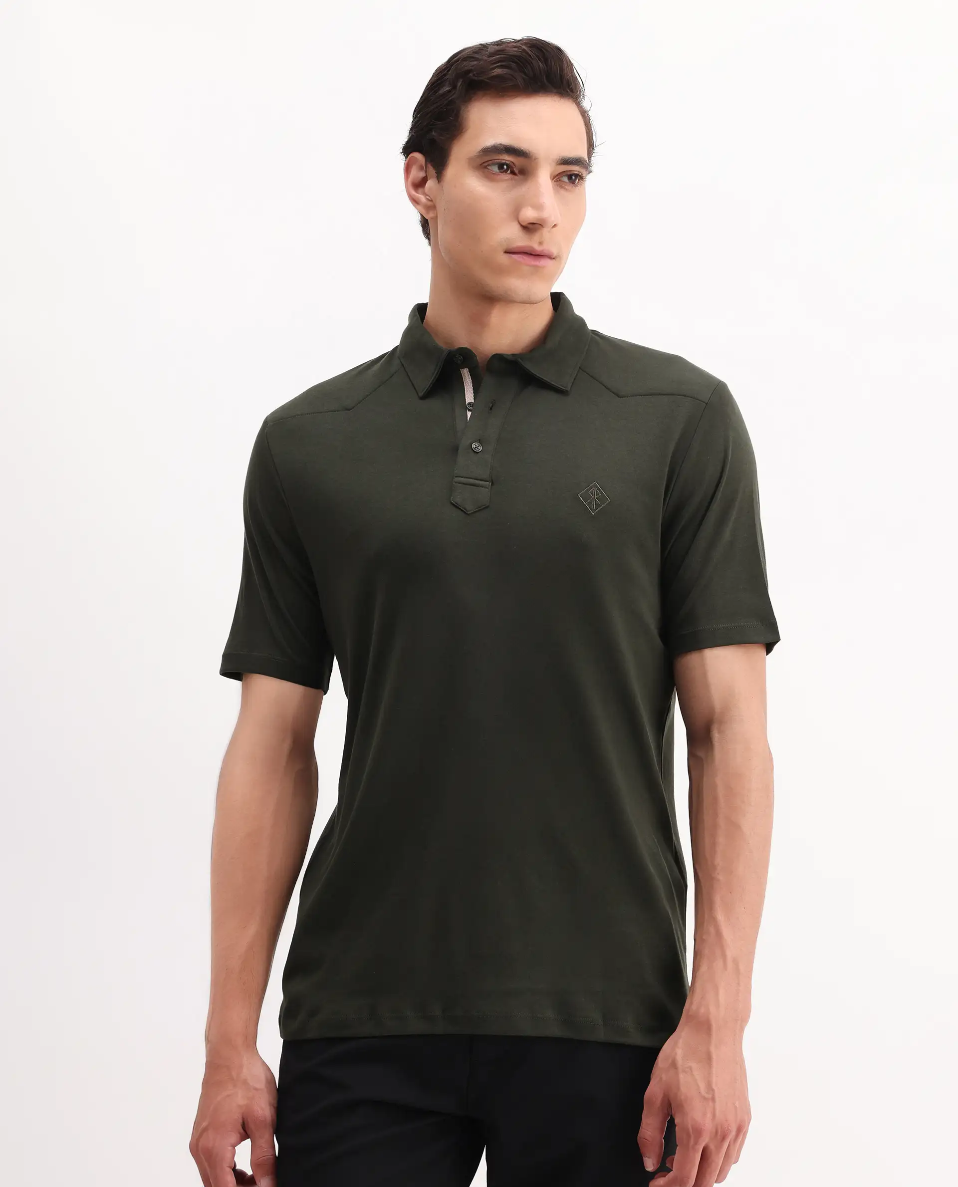 Rare Rabbit Men's Calix Olive Cotton Embroidered Regular Fit Half Sleeve Polo - Image 3