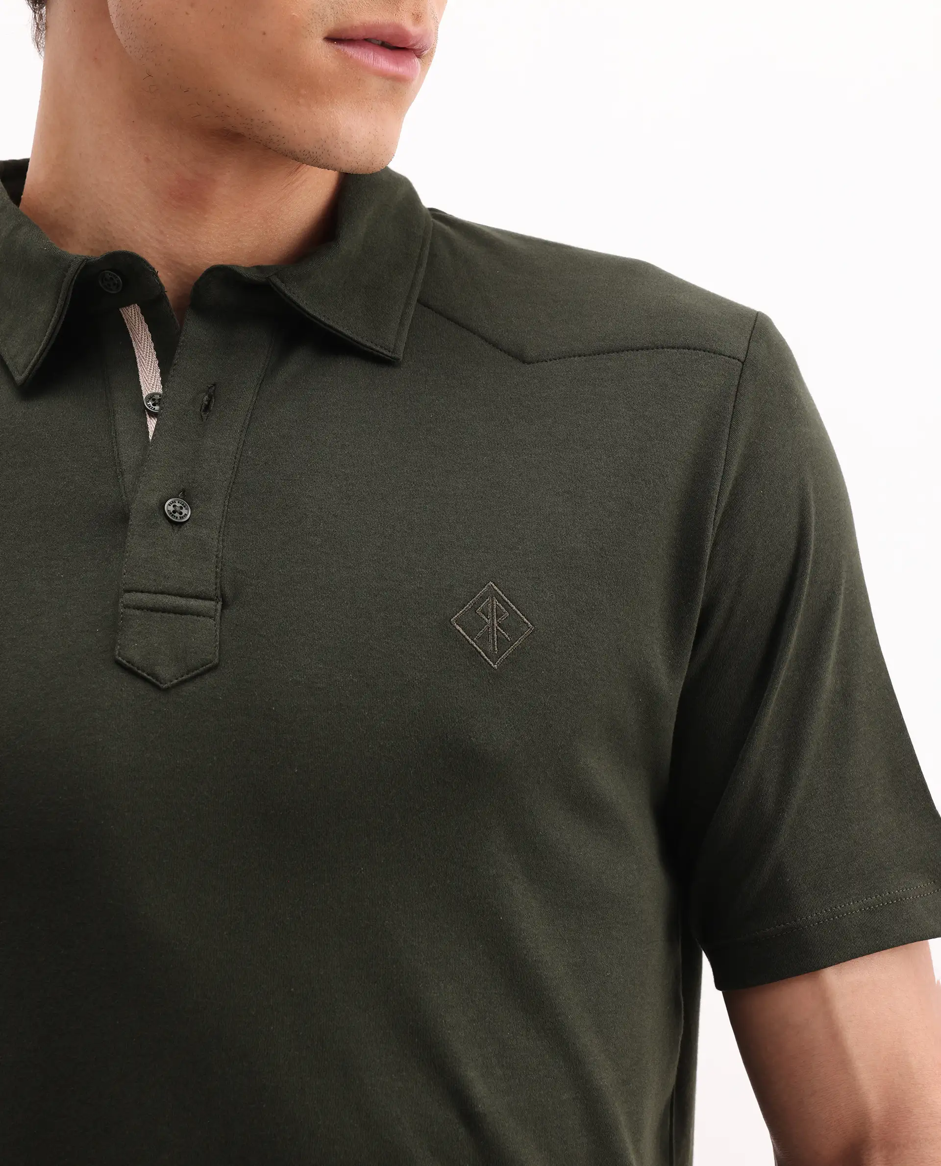 Rare Rabbit Men's Calix Olive Cotton Embroidered Regular Fit Half Sleeve Polo - Image 4