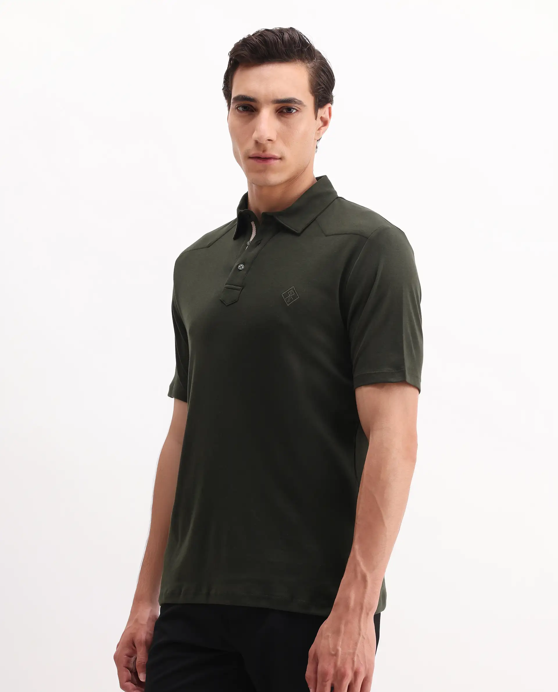 Rare Rabbit Men's Calix Olive Cotton Embroidered Regular Fit Half Sleeve Polo - Image 5