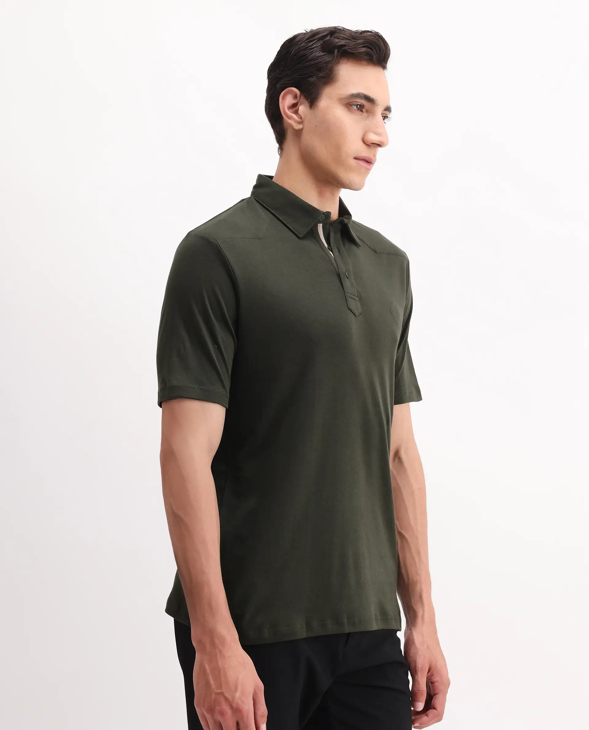 Rare Rabbit Men's Calix Olive Cotton Embroidered Regular Fit Half Sleeve Polo - Image 6