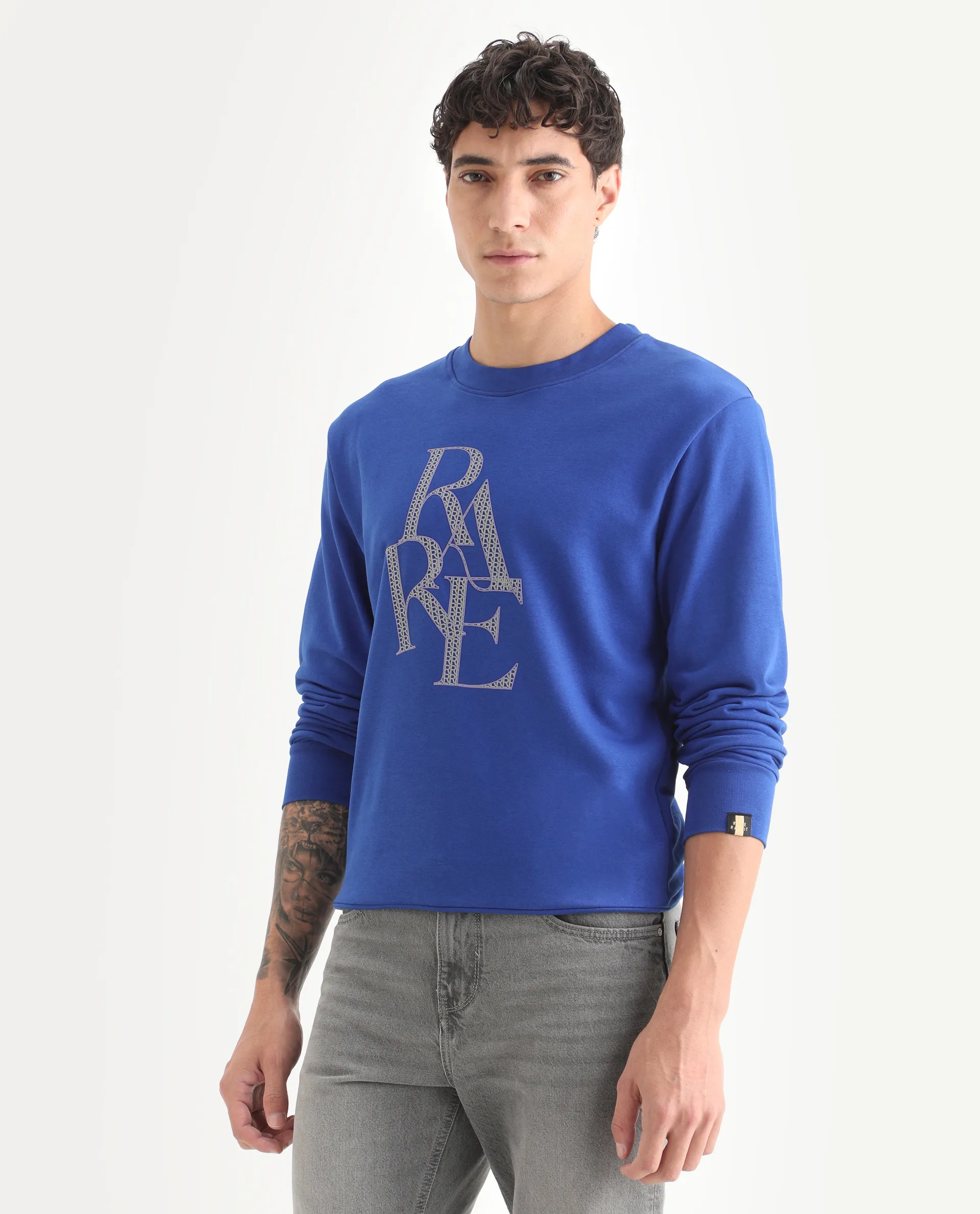 Rare Rabbit Men's Calixer Blue Graphic Print Regular Fit Full Sleeve Crew Neck Sweatshirt - Image 4