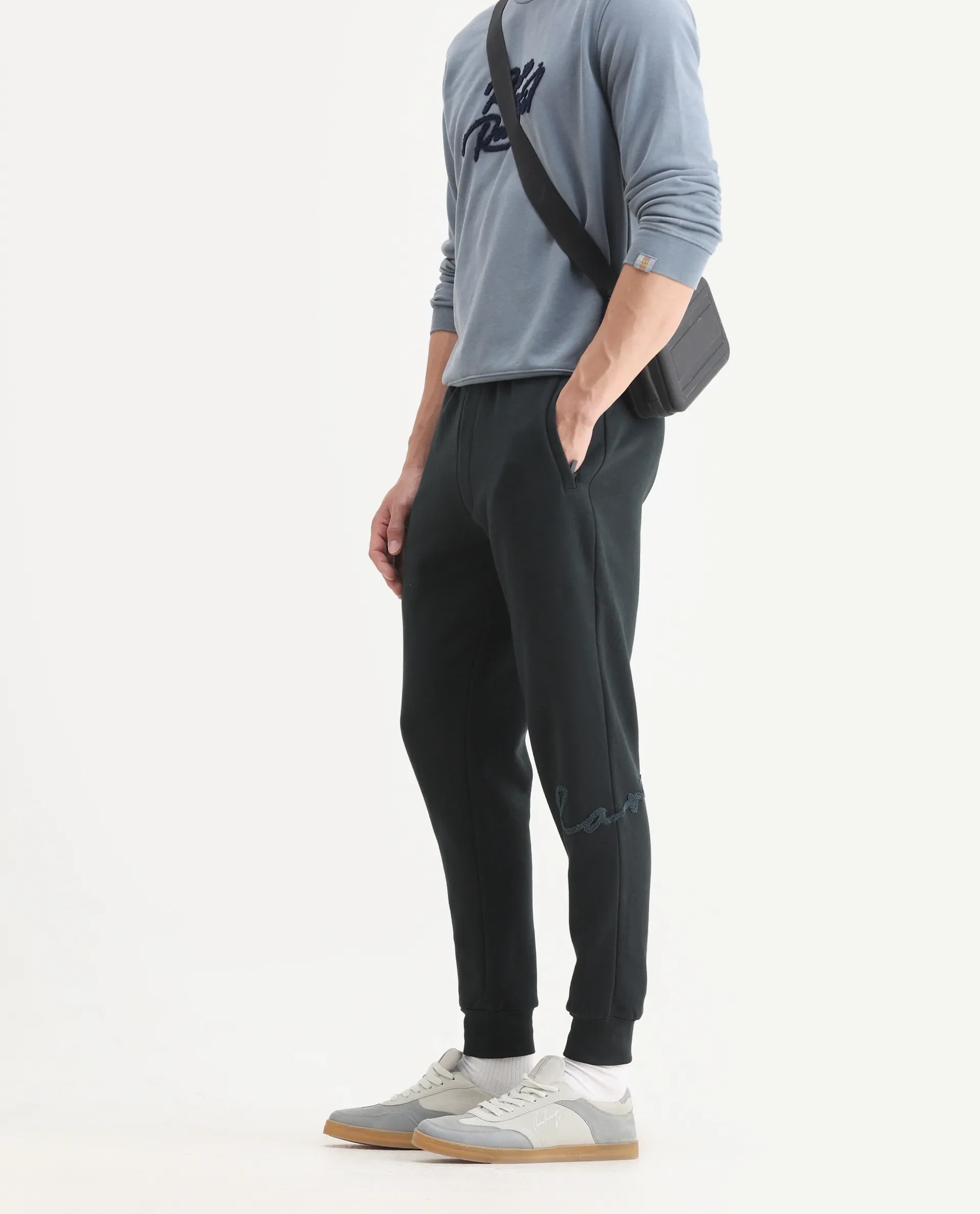 Rare Rabbit Men's Callan Dark Green Cotton Embroidered Regular Fit Joggers - Image 2