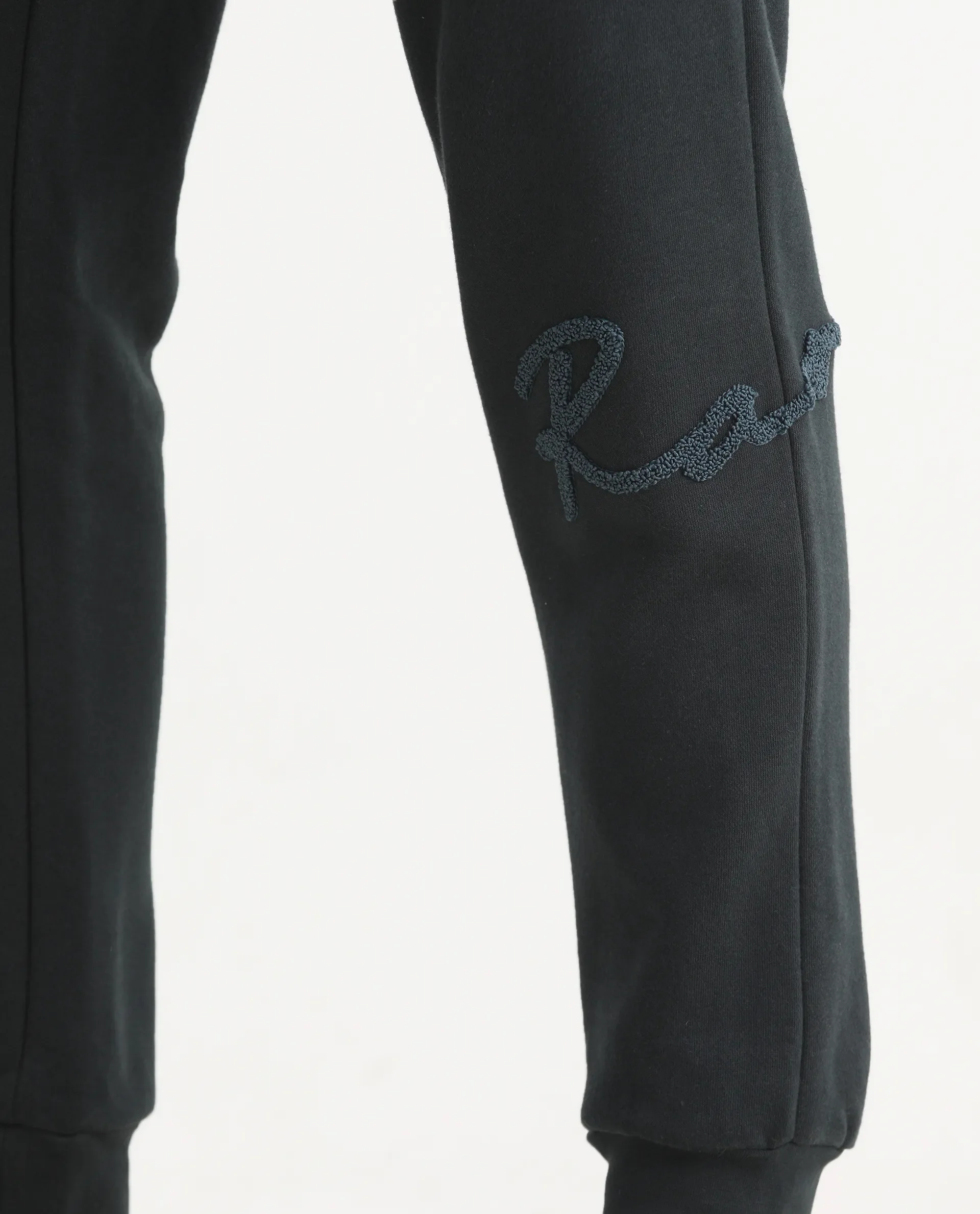 Rare Rabbit Men's Callan Dark Green Cotton Embroidered Regular Fit Joggers - Image 3
