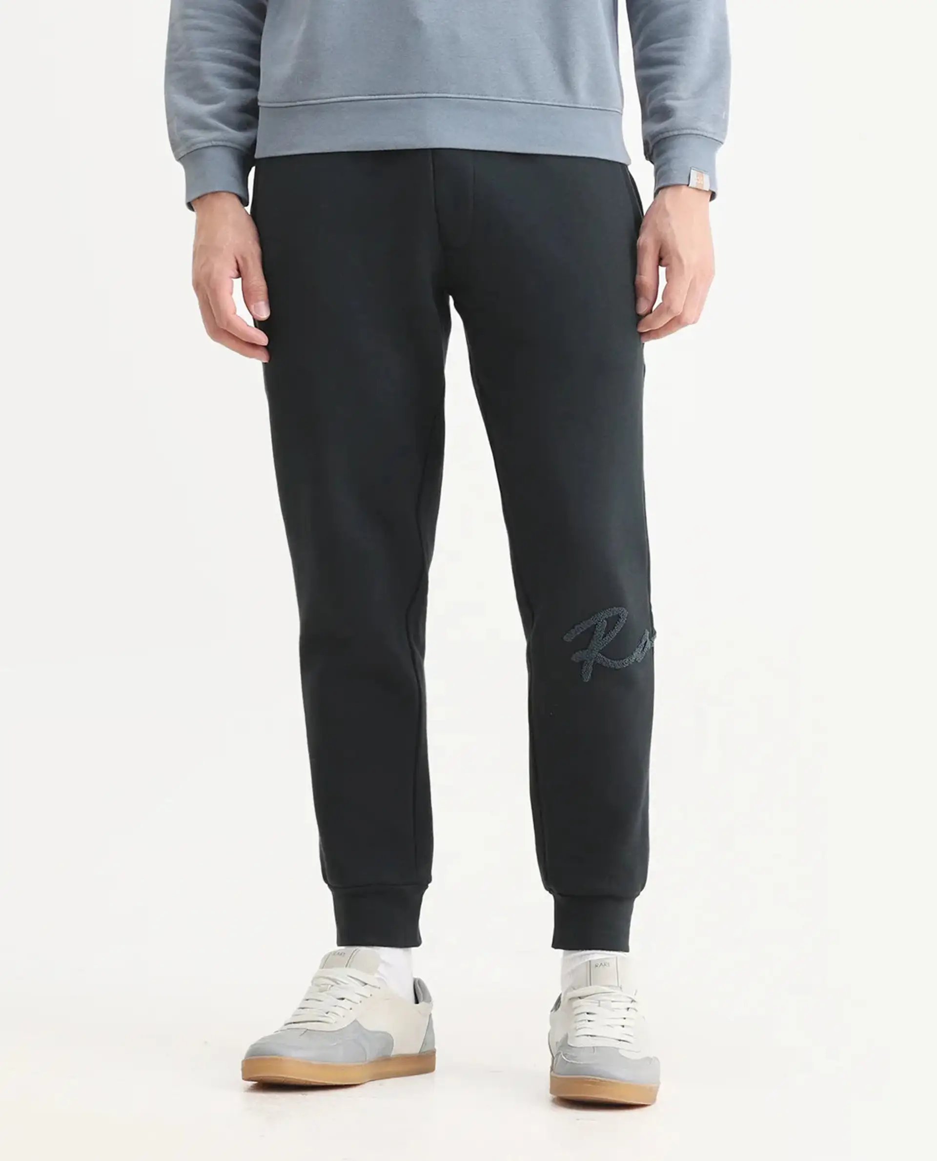 Rare Rabbit Men's Callan Dark Green Cotton Embroidered Regular Fit Joggers - Image 9