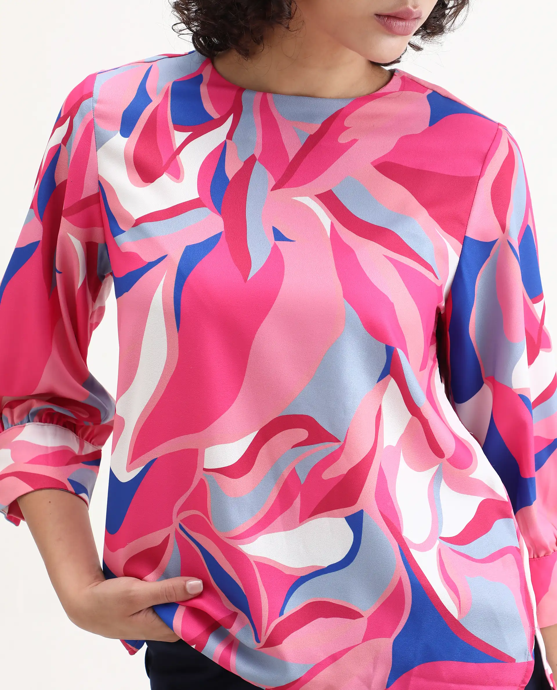 Rareism Women's Callisto Multi Mandarin Collar Abstract Print Cuffed Sleeve Regular Fit Top - Image 3