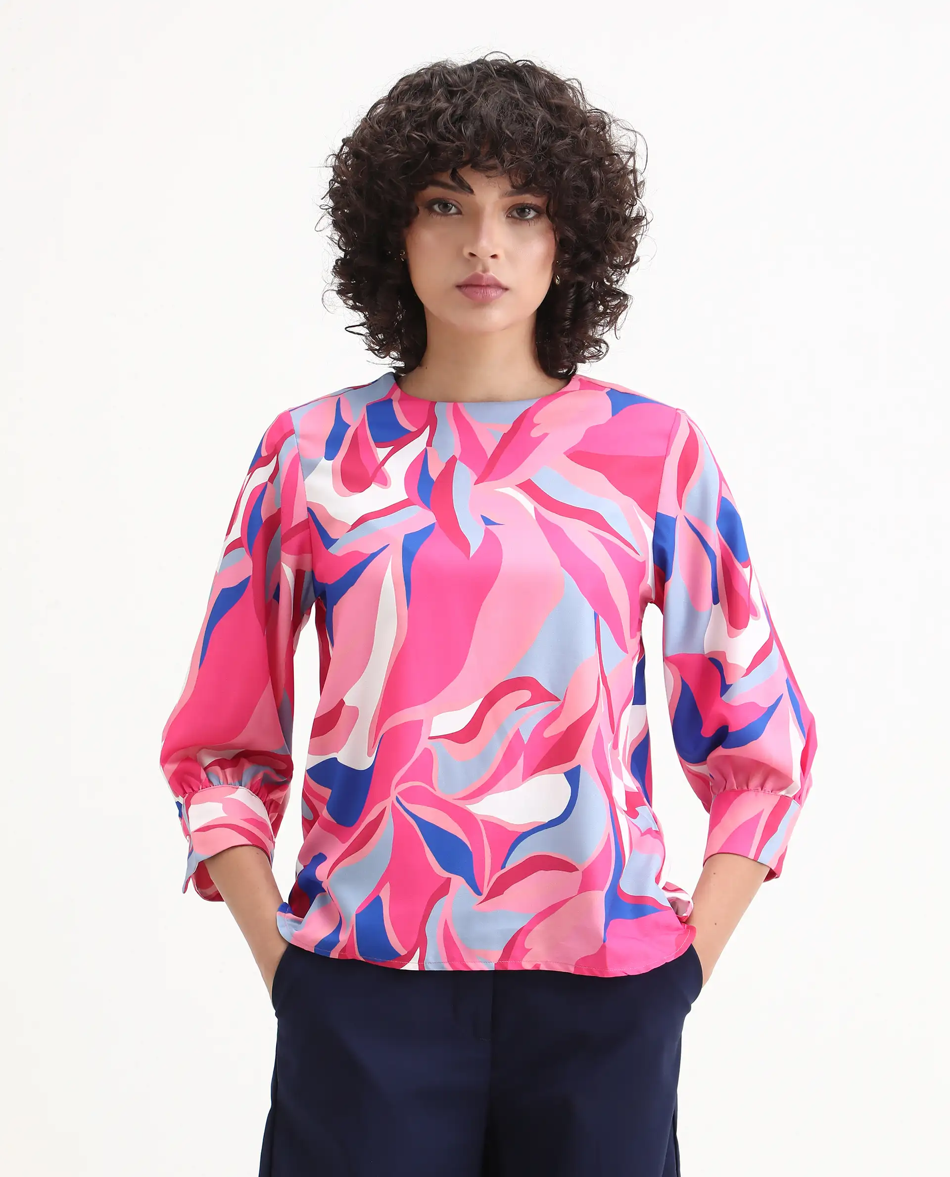 Rareism Women's Callisto Multi Mandarin Collar Abstract Print Cuffed Sleeve Regular Fit Top - Image 4