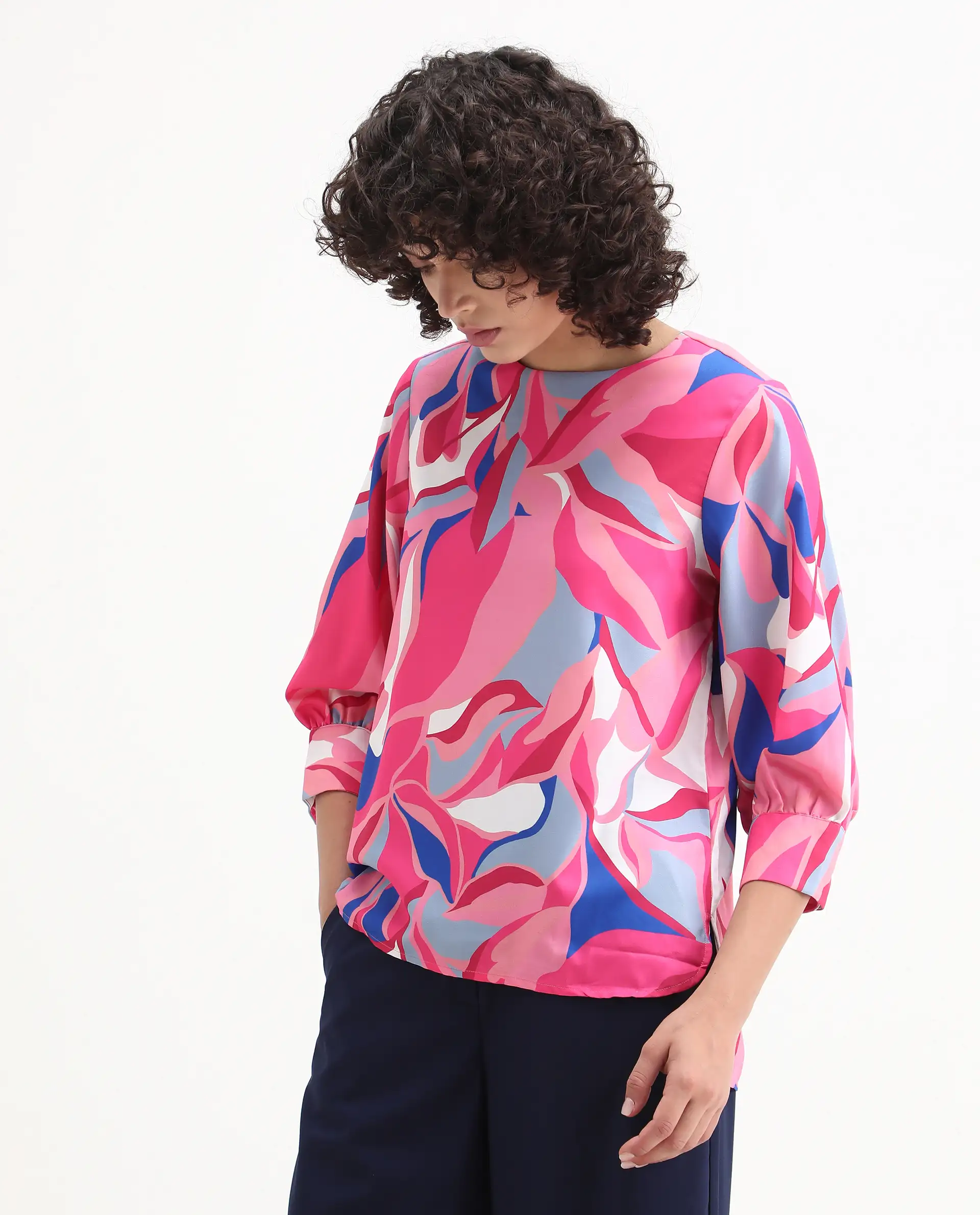 Rareism Women's Callisto Multi Mandarin Collar Abstract Print Cuffed Sleeve Regular Fit Top - Image 5