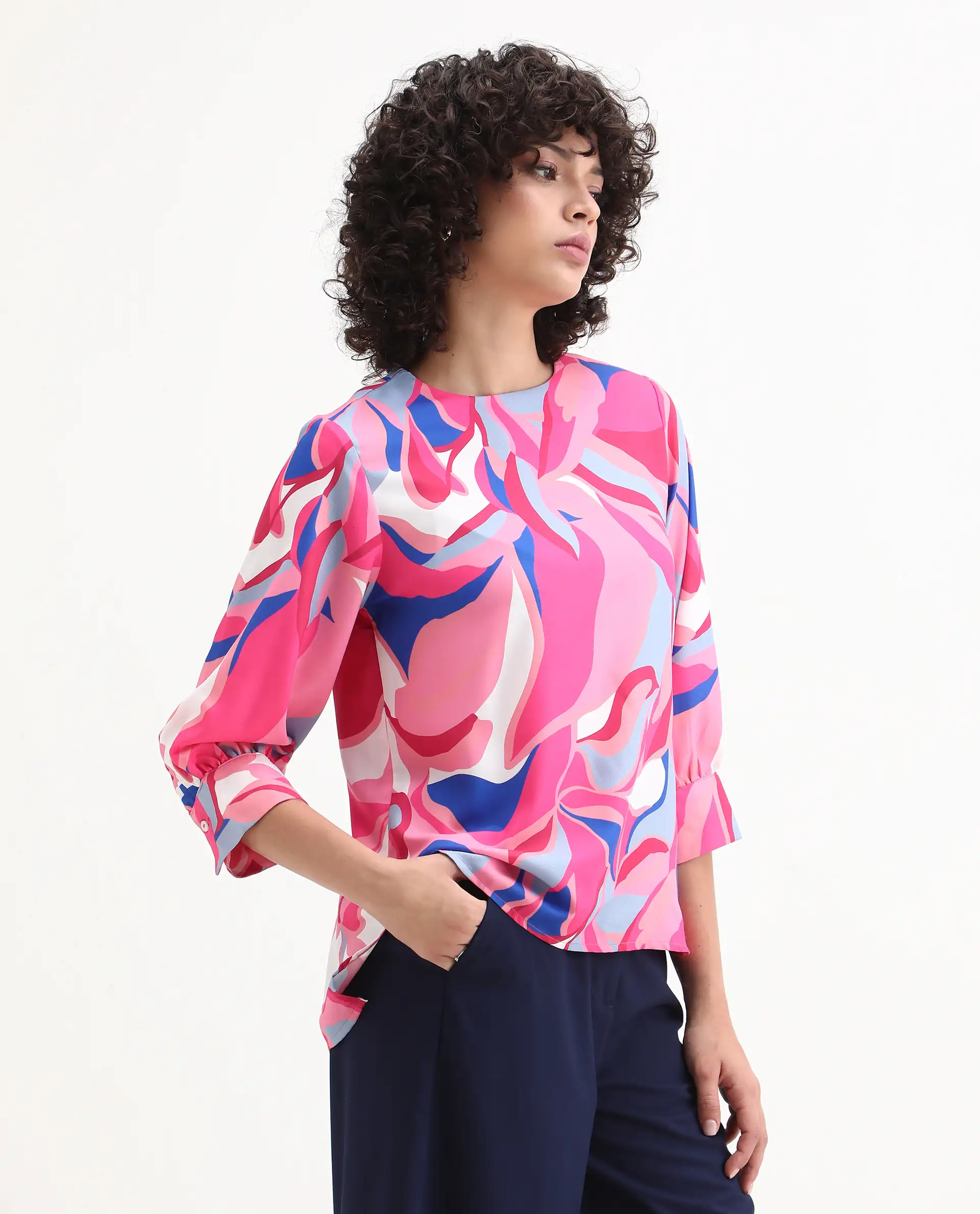 Rareism Women's Callisto Multi Mandarin Collar Abstract Print Cuffed Sleeve Regular Fit Top - Image 6