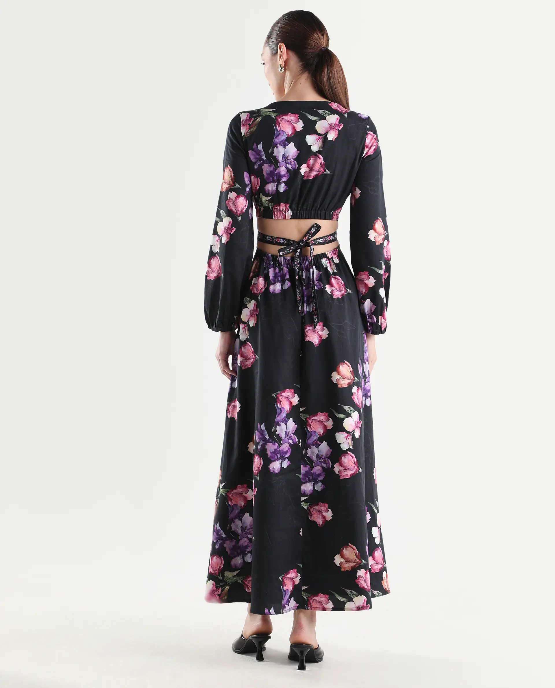 Rareism Women's Cally Black Cotton Full Sleeve Fit And Flare Floral Print Dress - Image 10