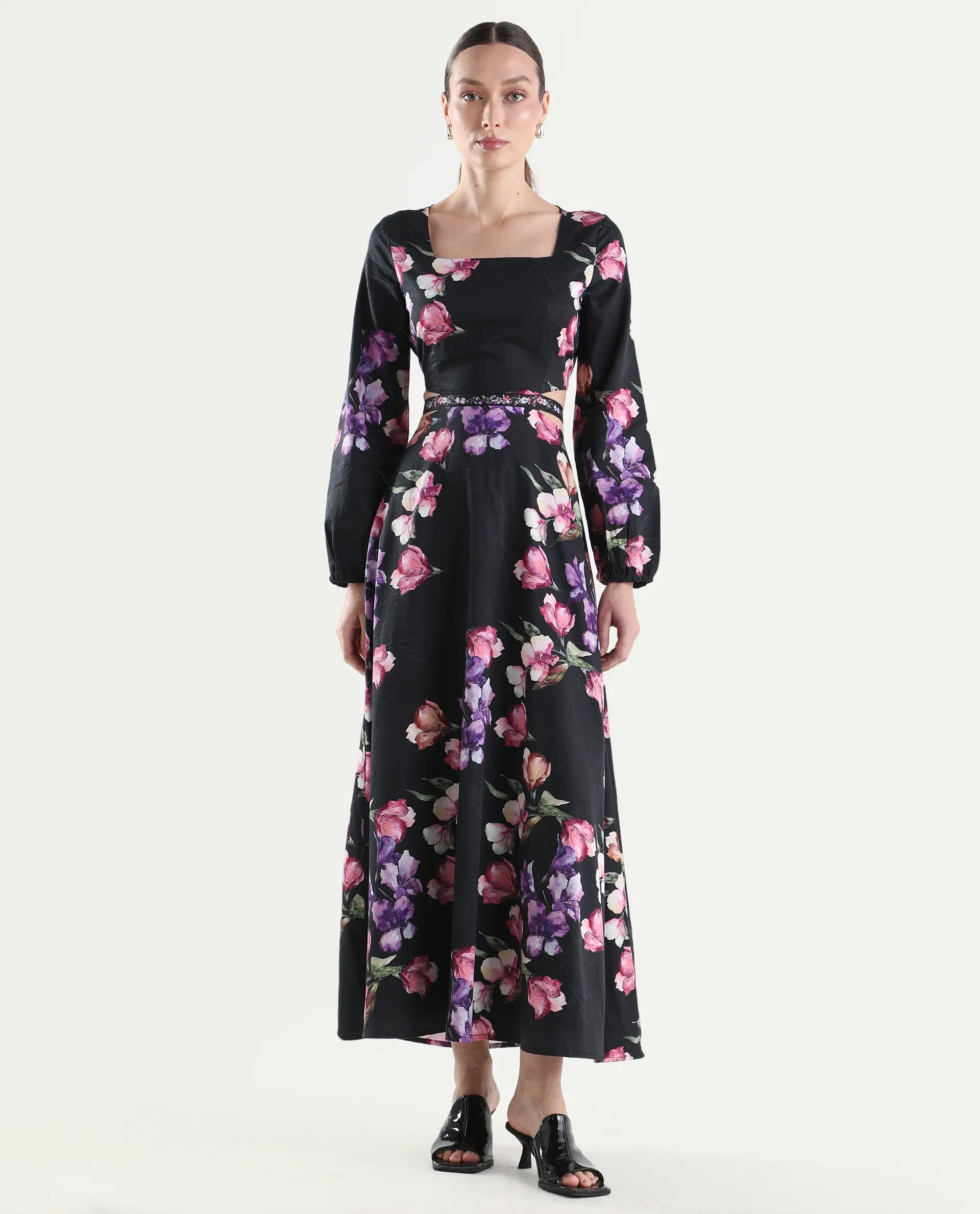 Rareism Women's Cally Black Cotton Full Sleeve Fit And Flare Floral Print Dress - Image 2