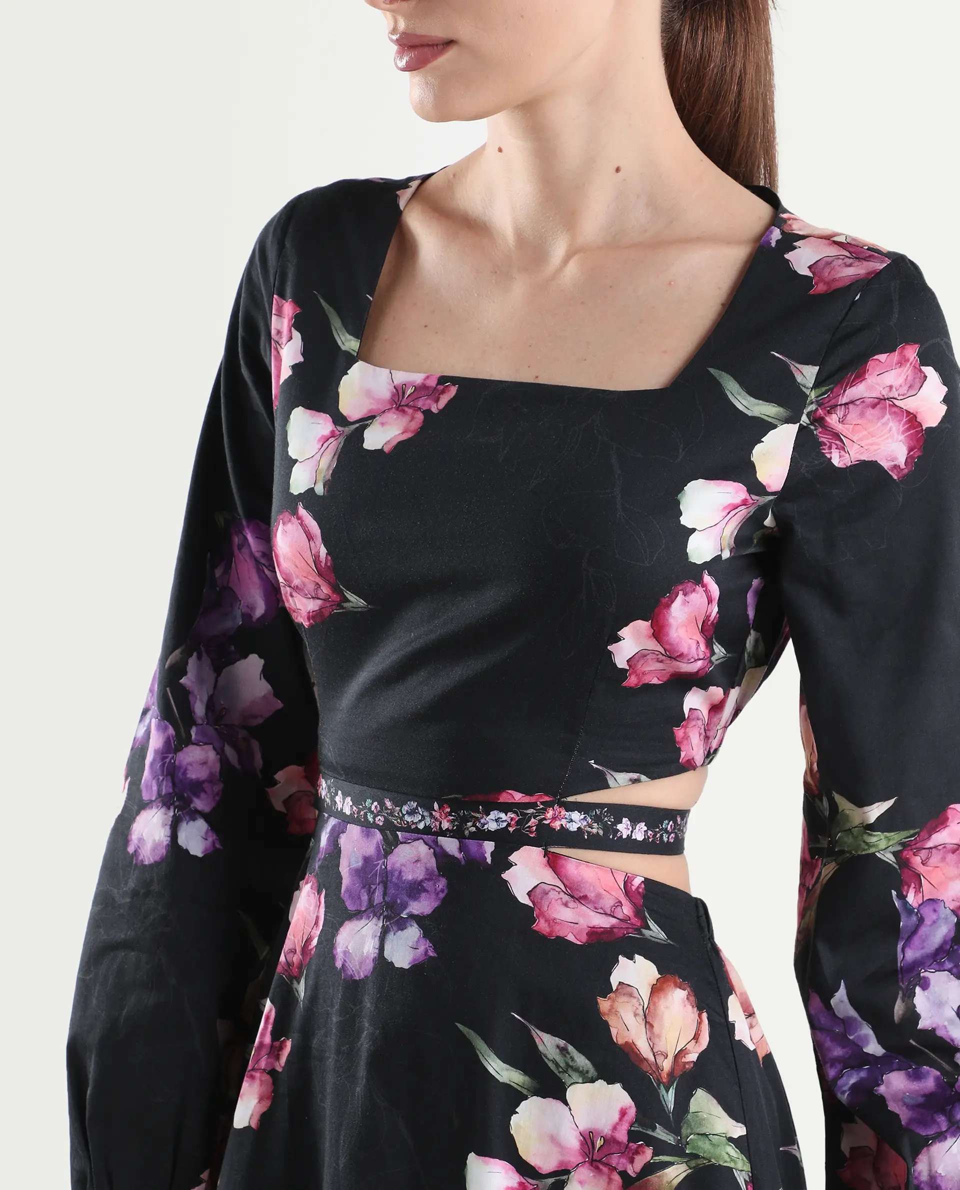 Rareism Women's Cally Black Cotton Full Sleeve Fit And Flare Floral Print Dress - Image 5