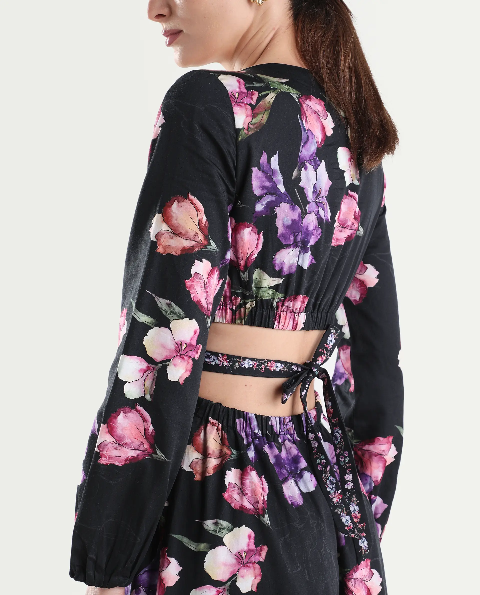 Rareism Women's Cally Black Cotton Full Sleeve Fit And Flare Floral Print Dress - Image 6
