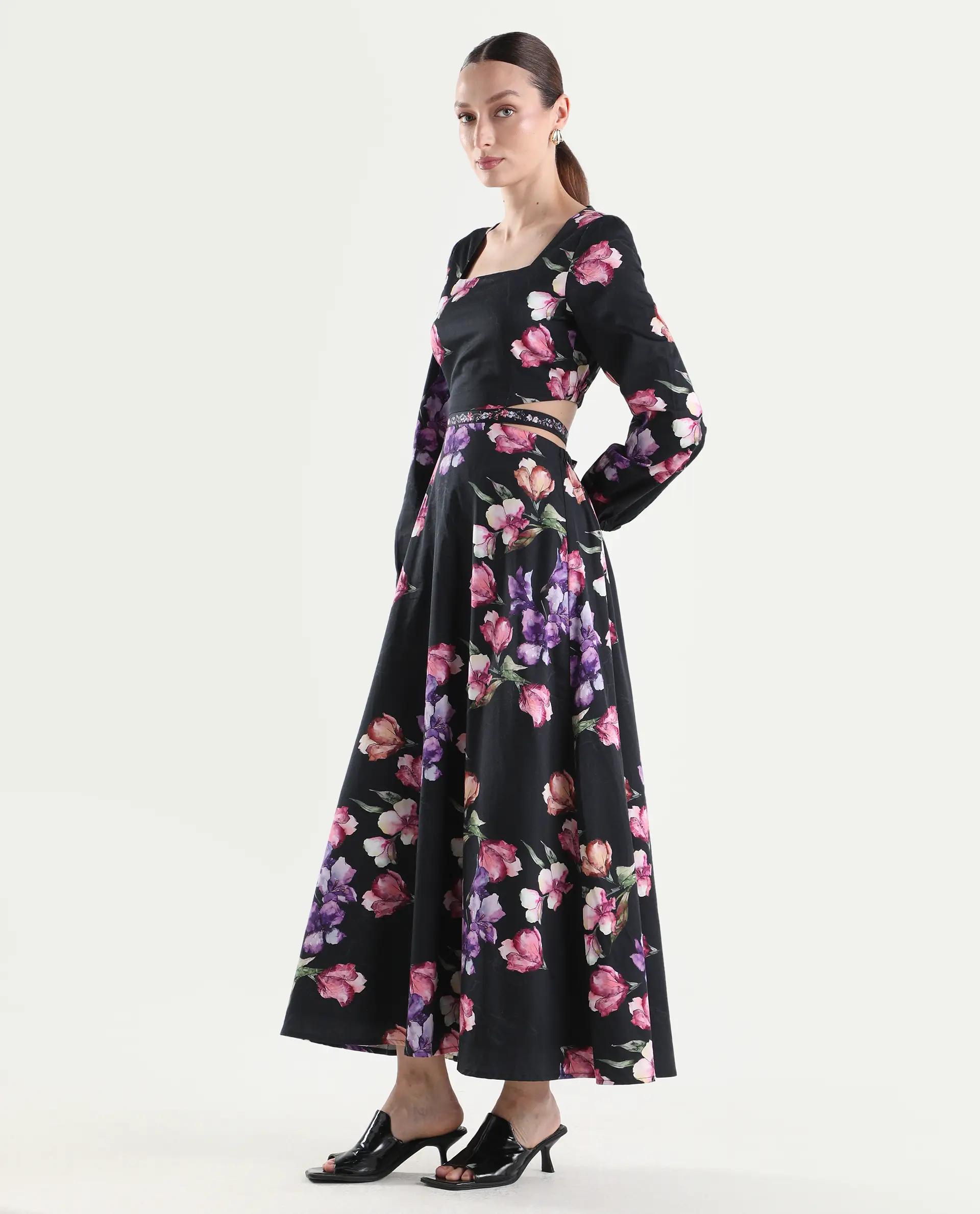 Rareism Women's Cally Black Cotton Full Sleeve Fit And Flare Floral Print Dress - Image 8