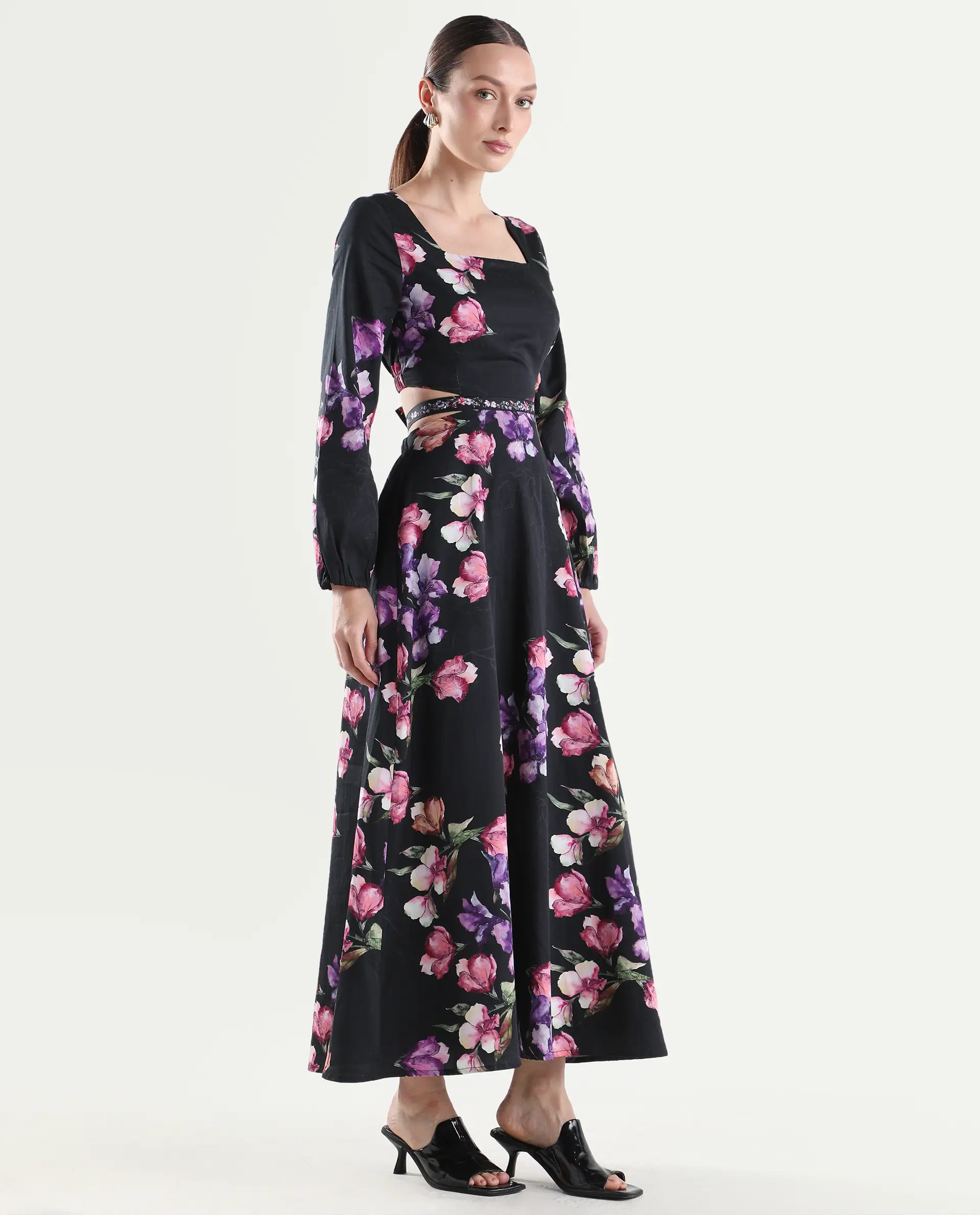 Rareism Women's Cally Black Cotton Full Sleeve Fit And Flare Floral Print Dress - Image 9