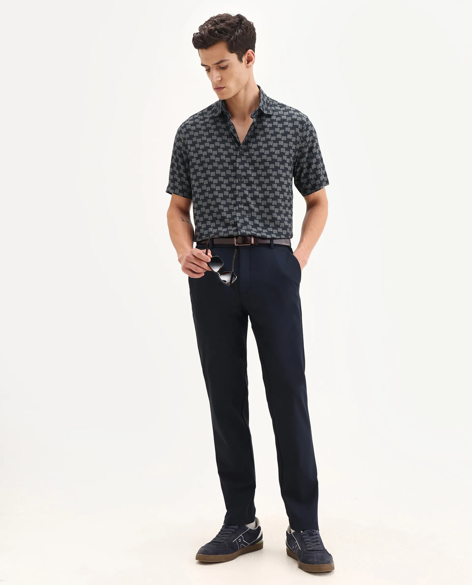 Rare Rabbit Men's Calo-25 Navy Cotton Blend Monogram Print Boxy Fit Half Sleeve Collared Shirt - Image 2