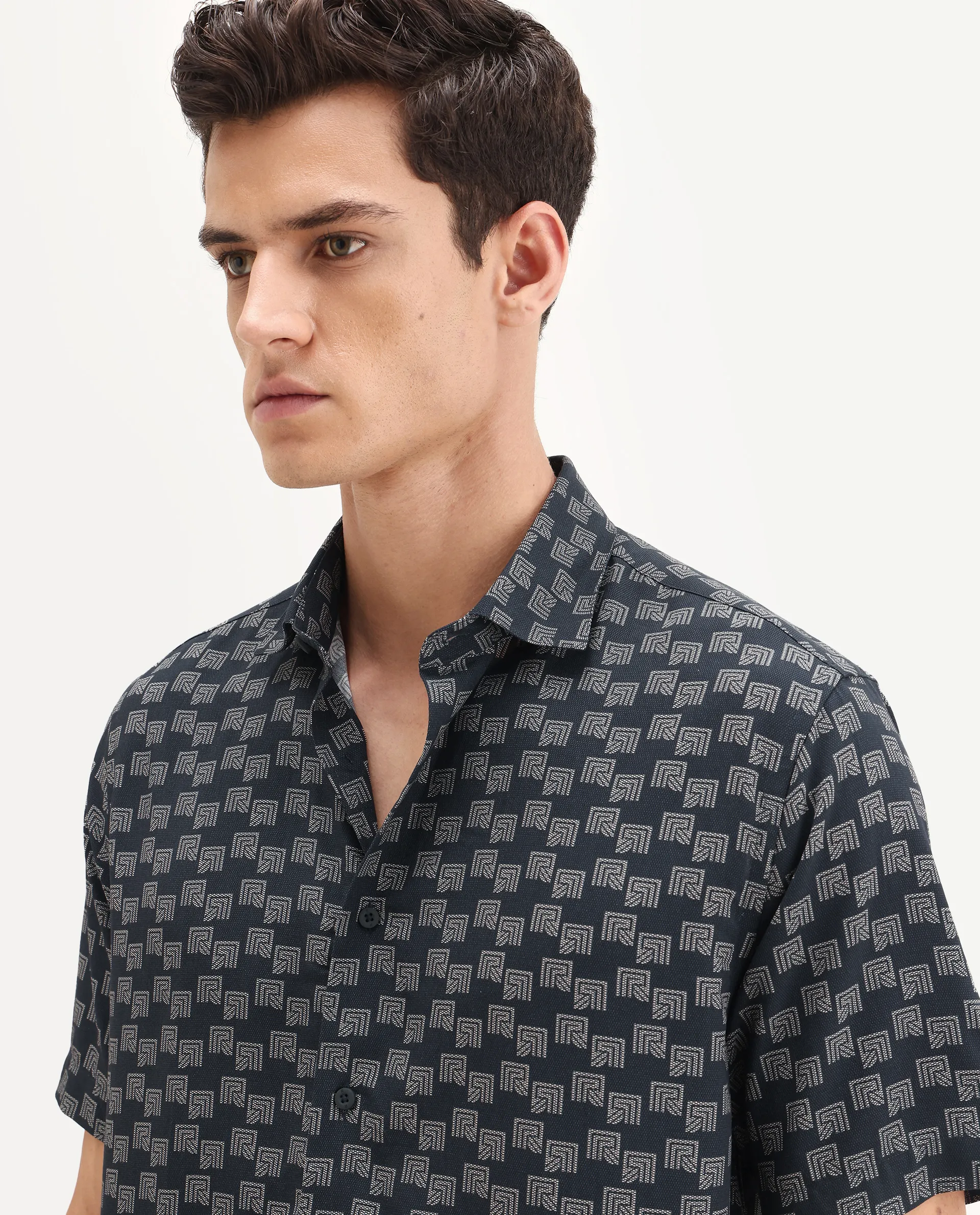 Rare Rabbit Men's Calo-25 Navy Cotton Blend Monogram Print Boxy Fit Half Sleeve Collared Shirt - Image 3
