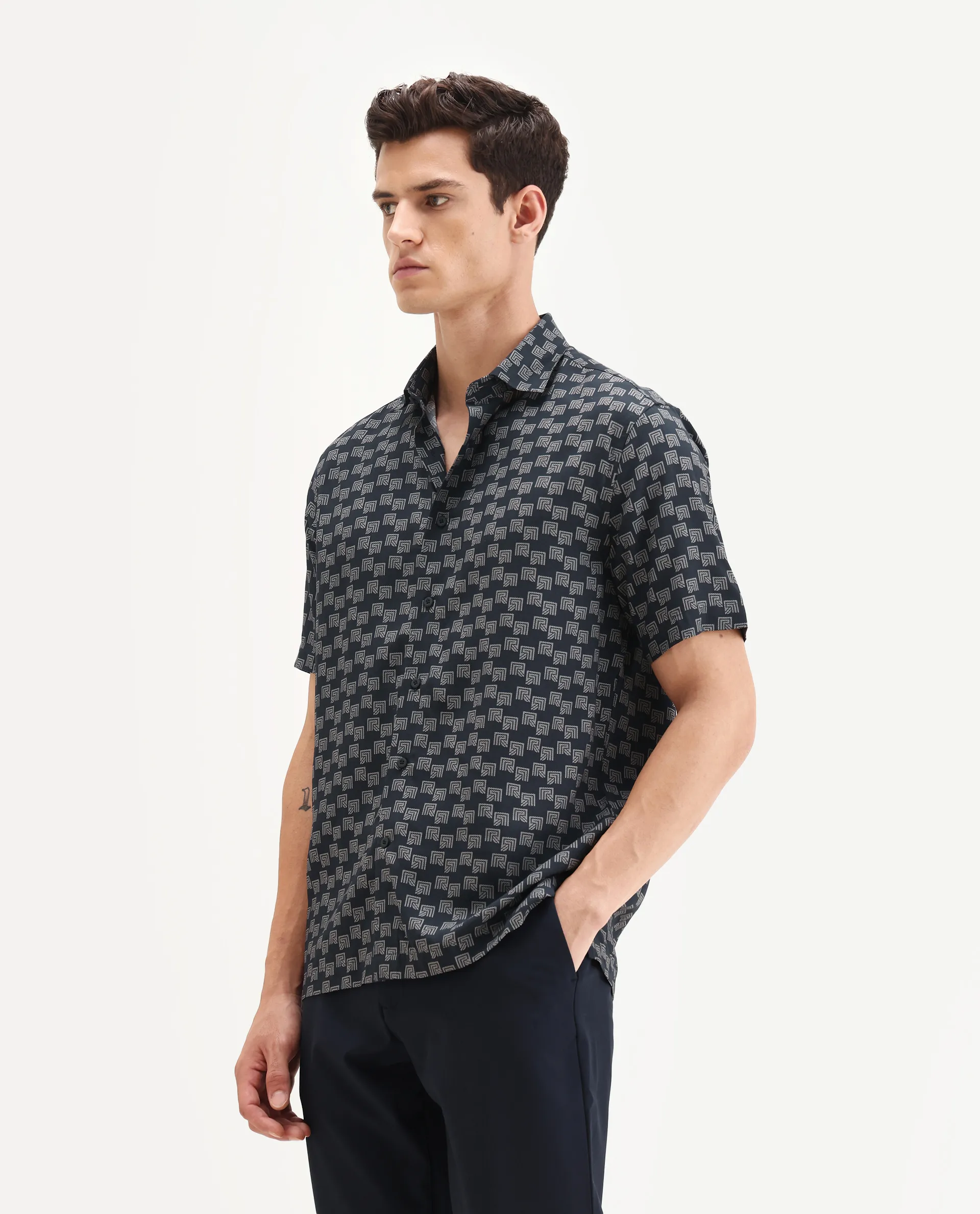 Rare Rabbit Men's Calo-25 Navy Cotton Blend Monogram Print Boxy Fit Half Sleeve Collared Shirt - Image 4