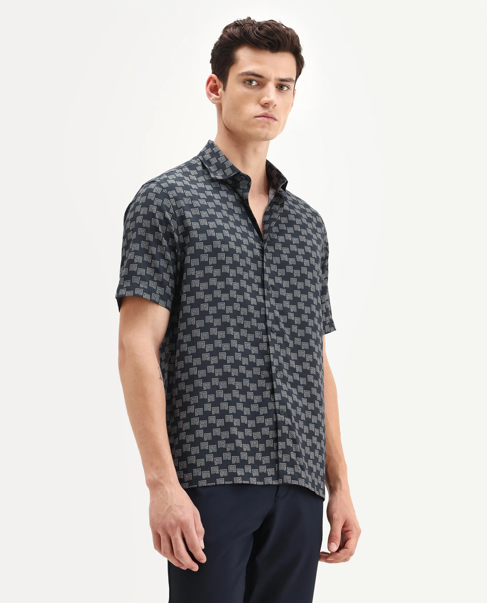 Rare Rabbit Men's Calo-25 Navy Cotton Blend Monogram Print Boxy Fit Half Sleeve Collared Shirt - Image 5