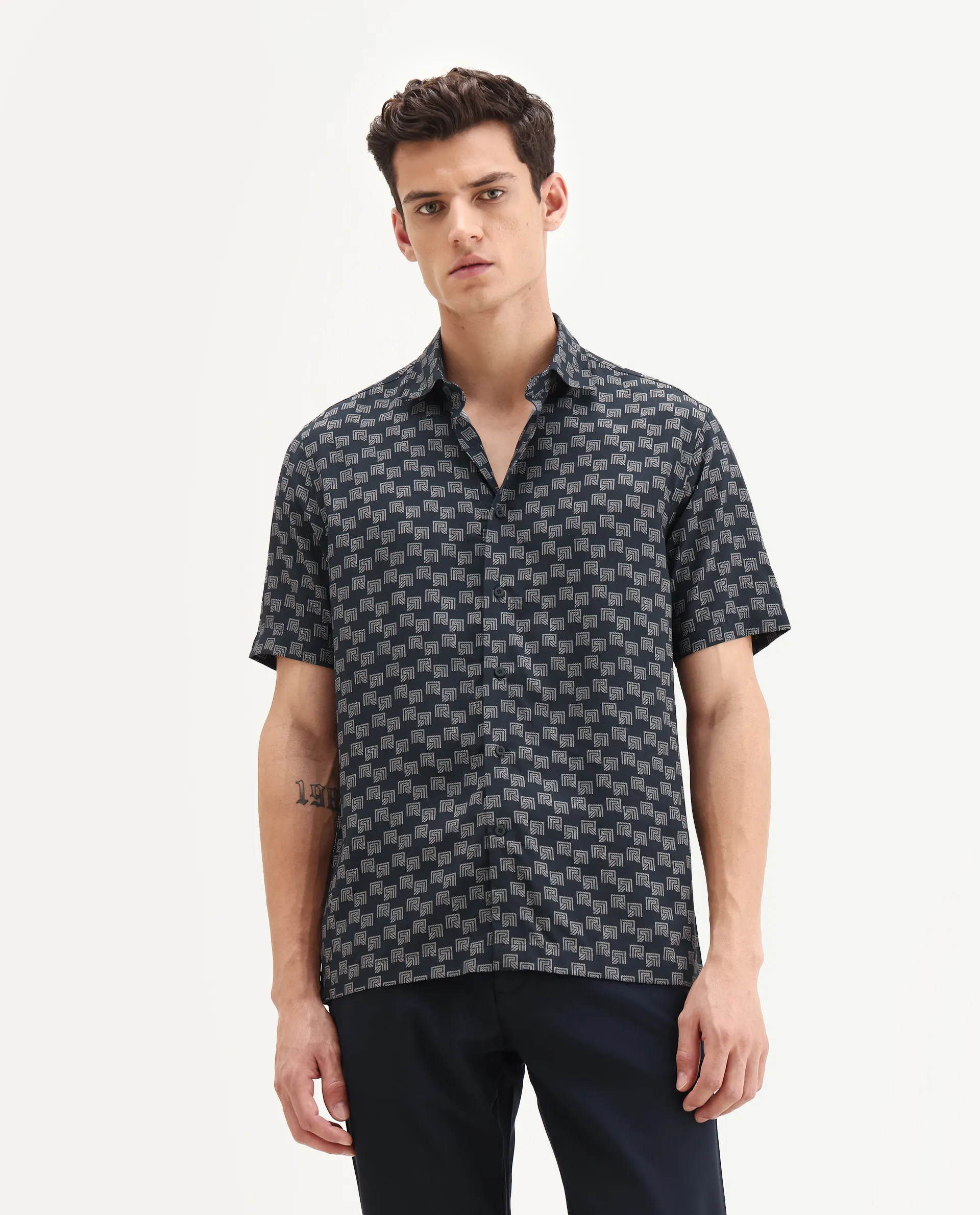 Rare Rabbit Men's Calo-25 Navy Cotton Blend Monogram Print Boxy Fit Half Sleeve Collared Shirt - Image 6