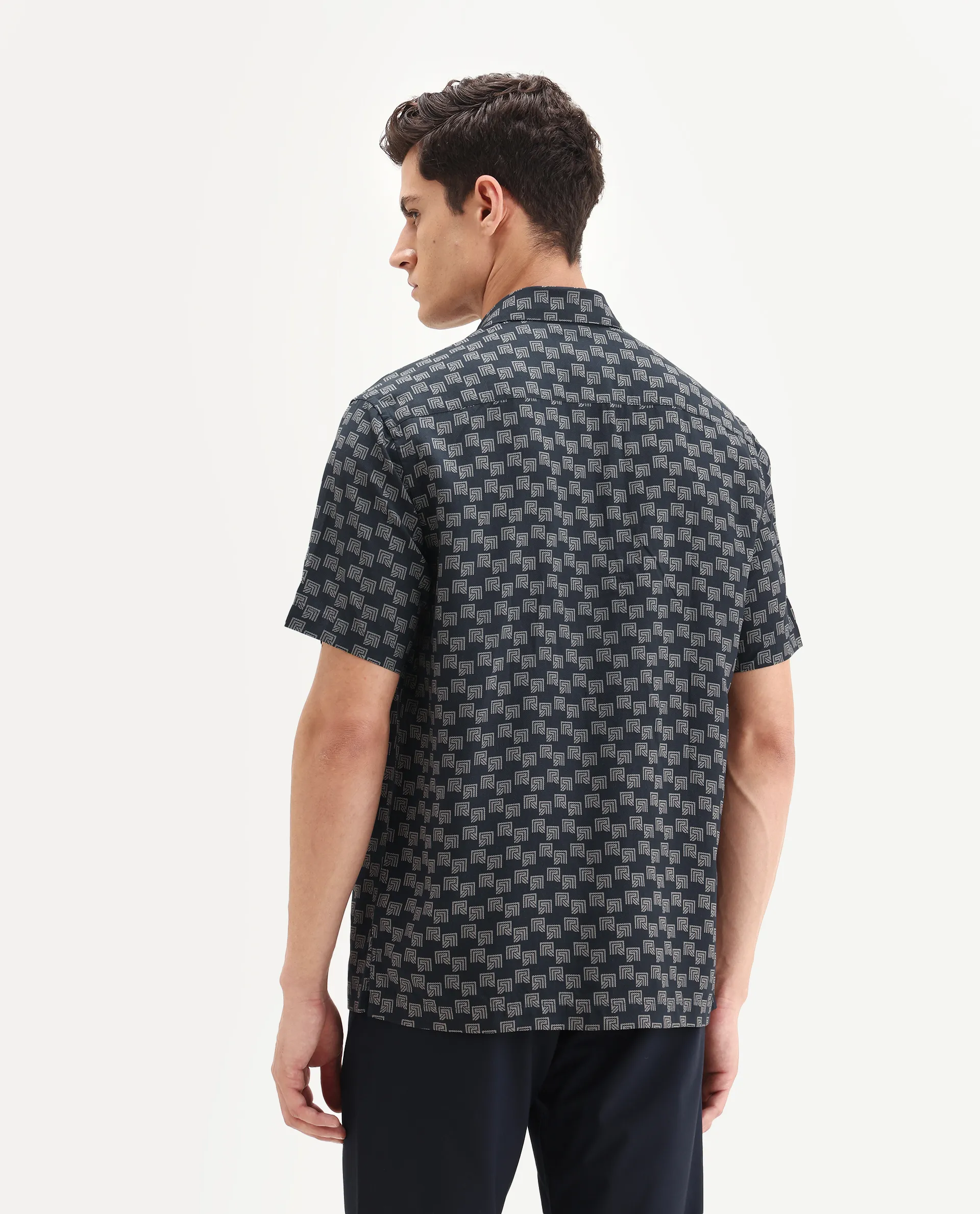 Rare Rabbit Men's Calo-25 Navy Cotton Blend Monogram Print Boxy Fit Half Sleeve Collared Shirt - Image 7