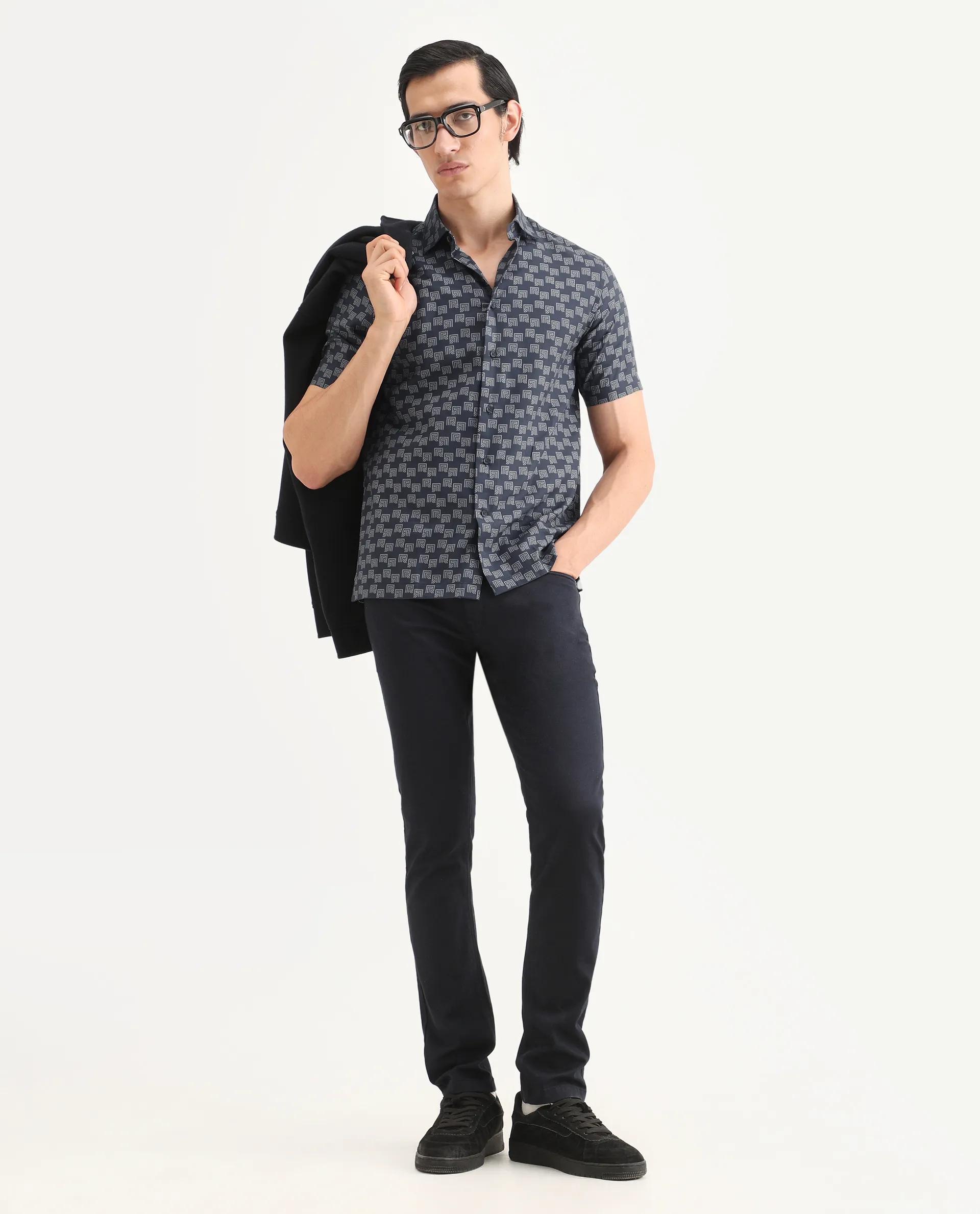 Rare Rabbit Men's Calo Navy Cotton Blend Monogram Print Boxy Fit Half Sleeve Collared Shirt - Image 2