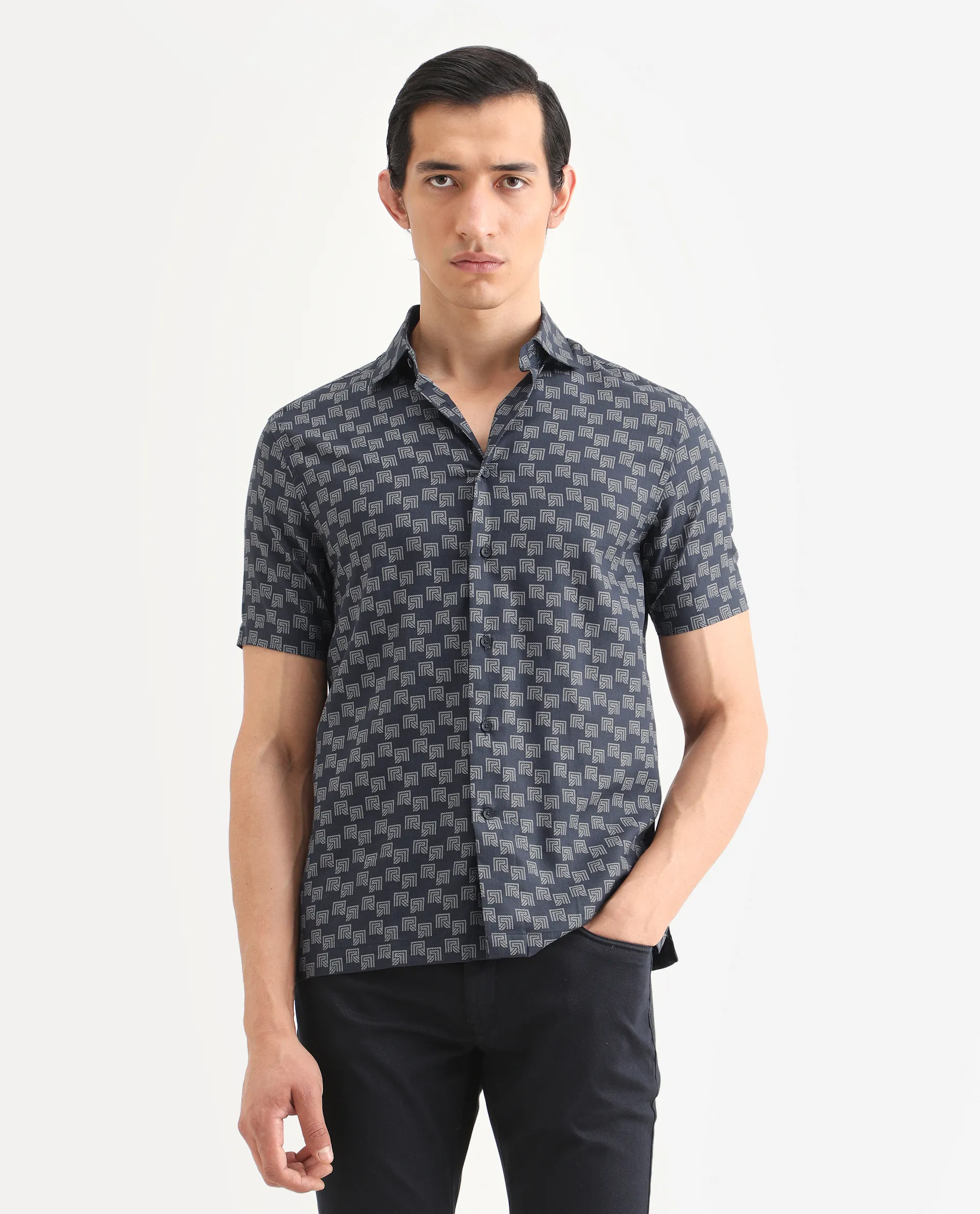 Rare Rabbit Men's Calo Navy Cotton Blend Monogram Print Boxy Fit Half Sleeve Collared Shirt - Image 3