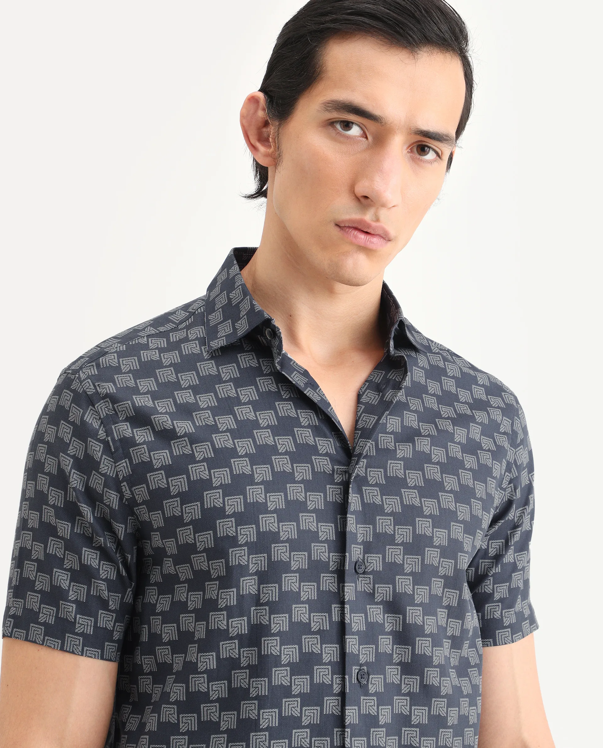 Rare Rabbit Men's Calo Navy Cotton Blend Monogram Print Boxy Fit Half Sleeve Collared Shirt - Image 4