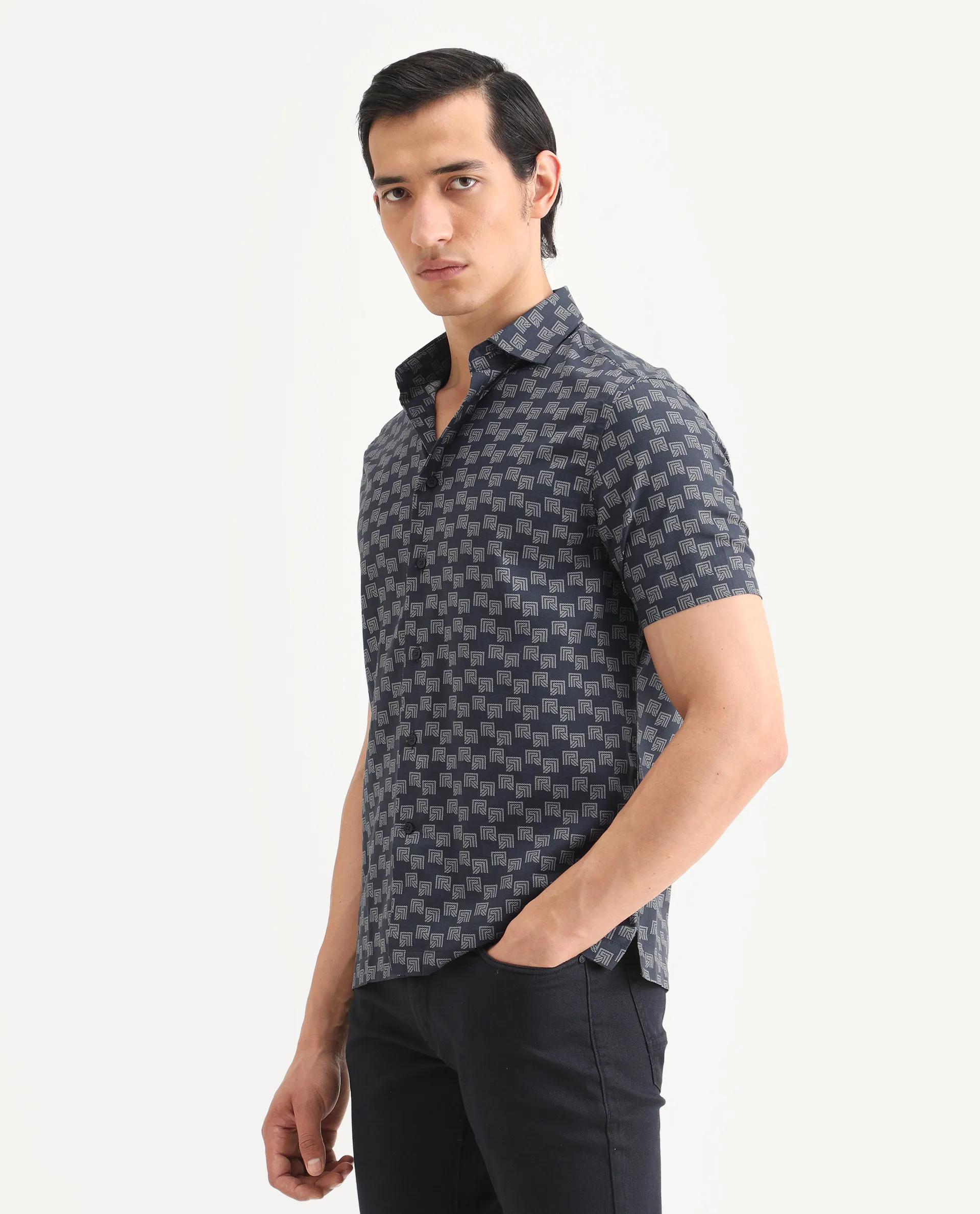 Rare Rabbit Men's Calo Navy Cotton Blend Monogram Print Boxy Fit Half Sleeve Collared Shirt - Image 5