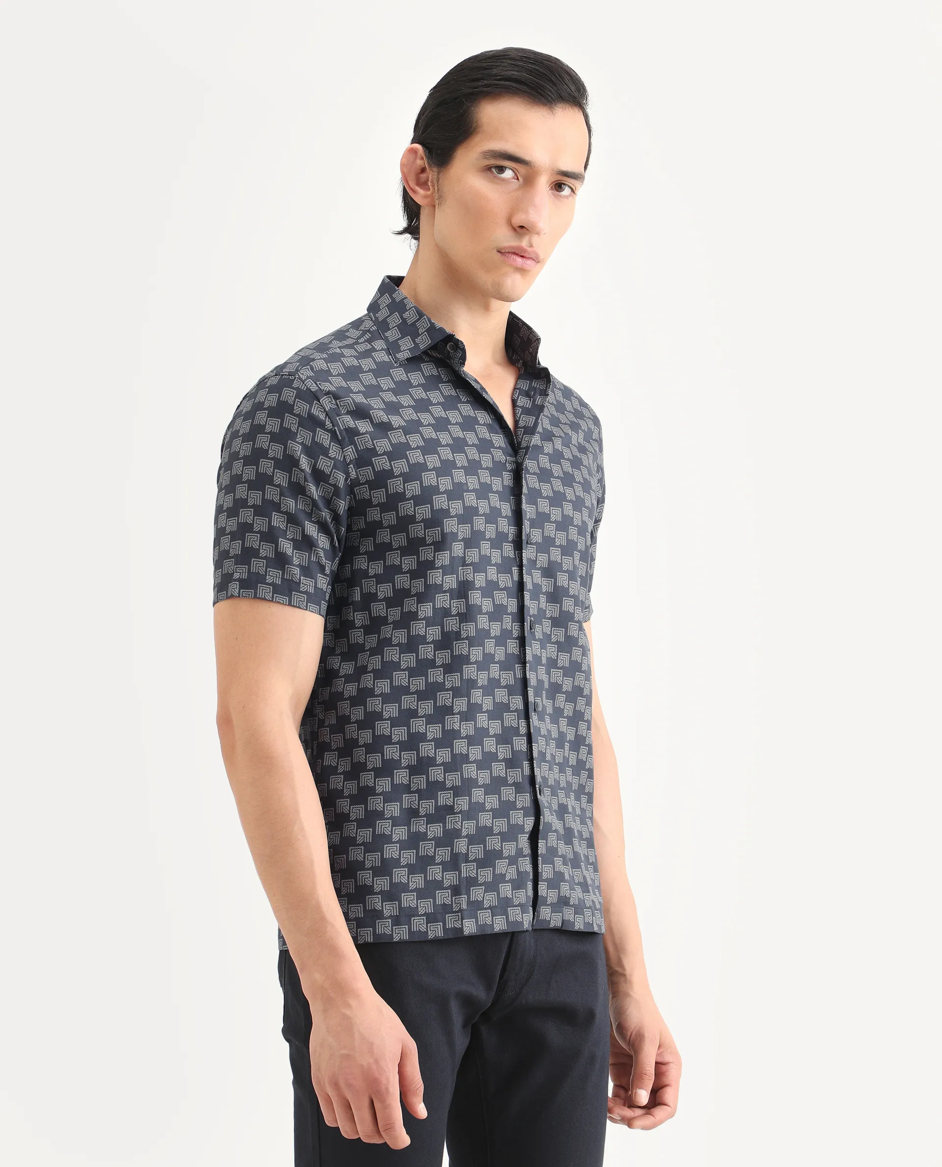 Rare Rabbit Men's Calo Navy Cotton Blend Monogram Print Boxy Fit Half Sleeve Collared Shirt - Image 6