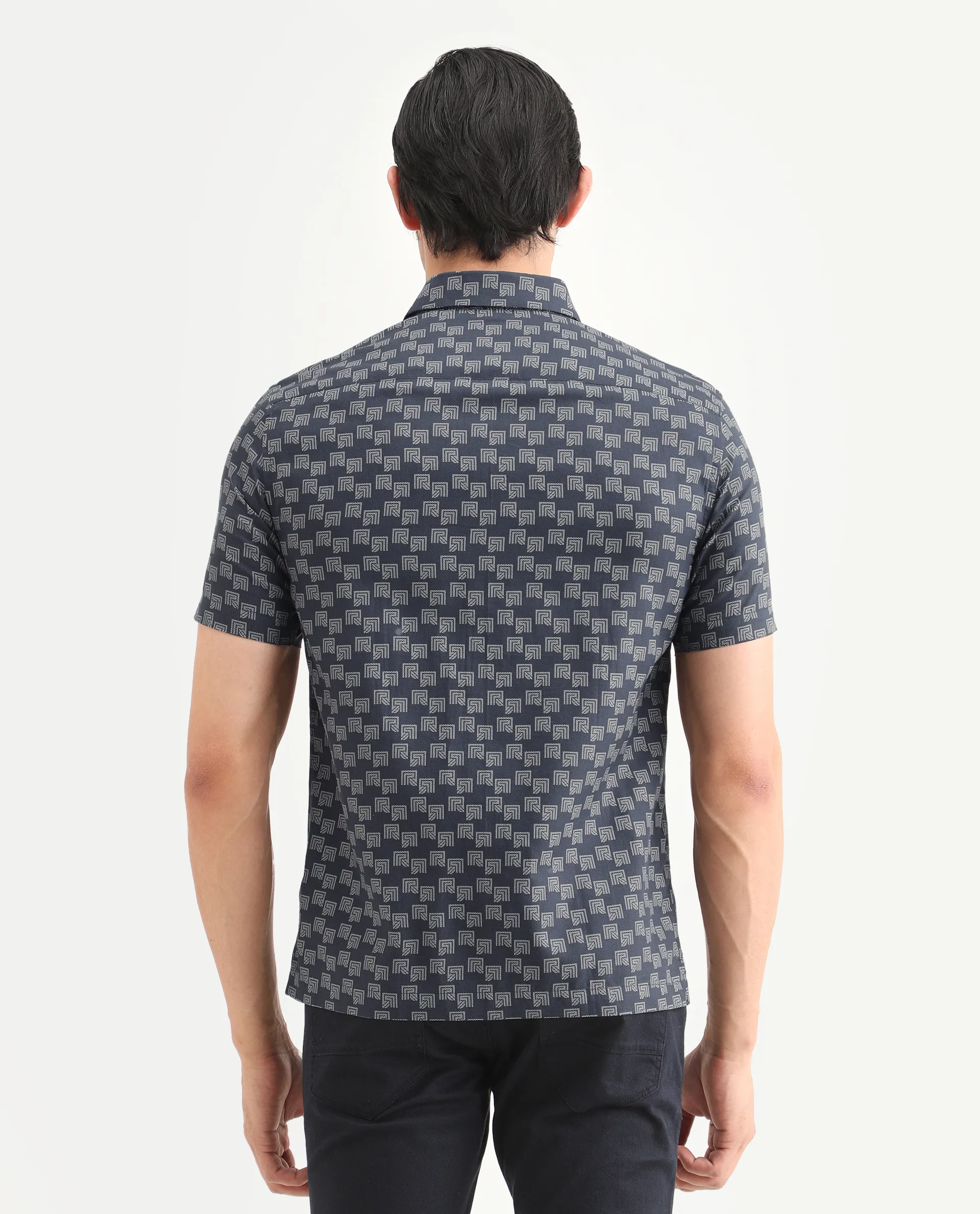 Rare Rabbit Men's Calo Navy Cotton Blend Monogram Print Boxy Fit Half Sleeve Collared Shirt - Image 7